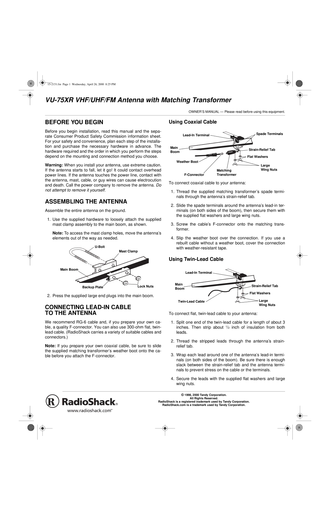 Radio Shack VU-75XR owner manual Before YOU Begin, Assembling the Antenna, Connecting LEAD-IN Cable To the Antenna 