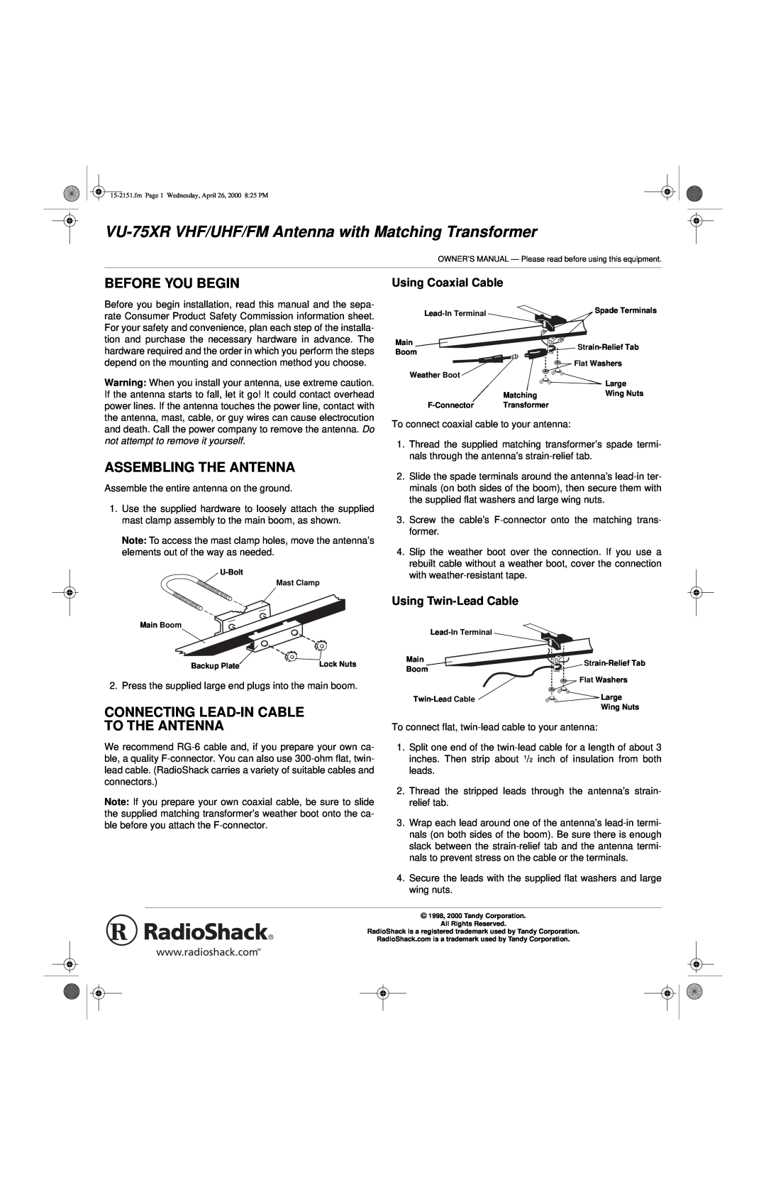 Radio Shack VU-75XR owner manual Before You Begin, Assembling The Antenna, Connecting Lead-In Cable To The Antenna 