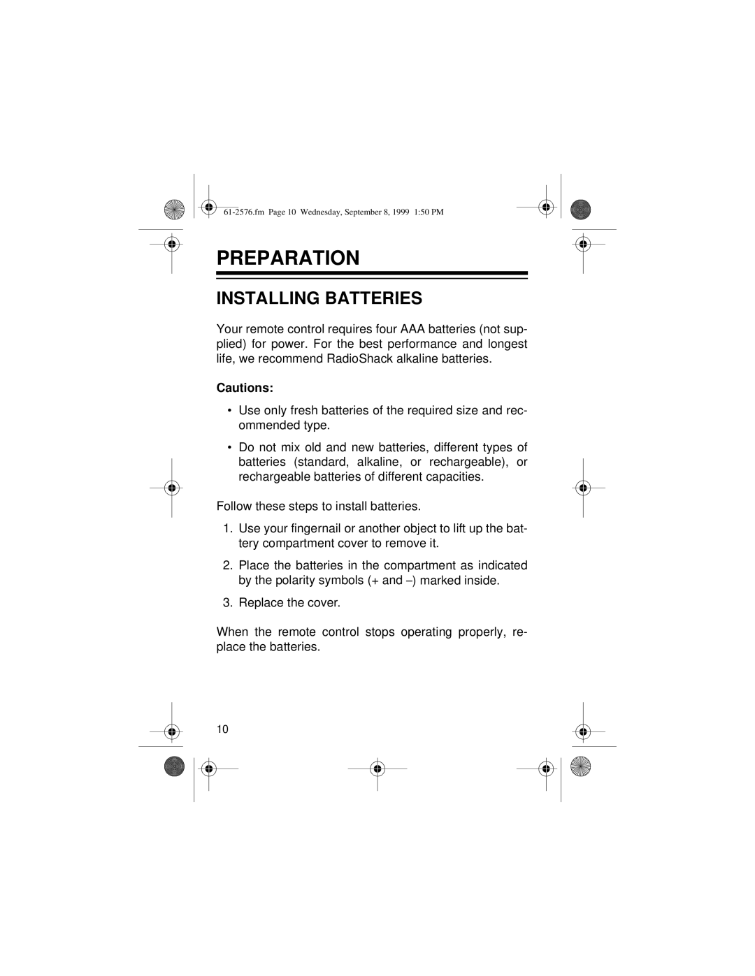 Radio Shack Wireless Remote Control System owner manual Preparation, Installing Batteries 