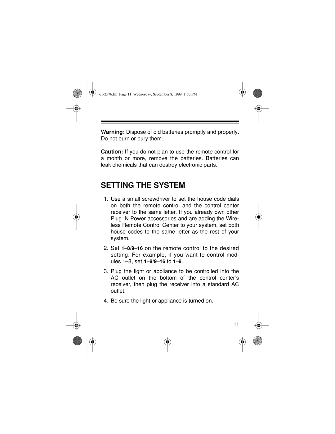 Radio Shack Wireless Remote Control System owner manual Setting the System 