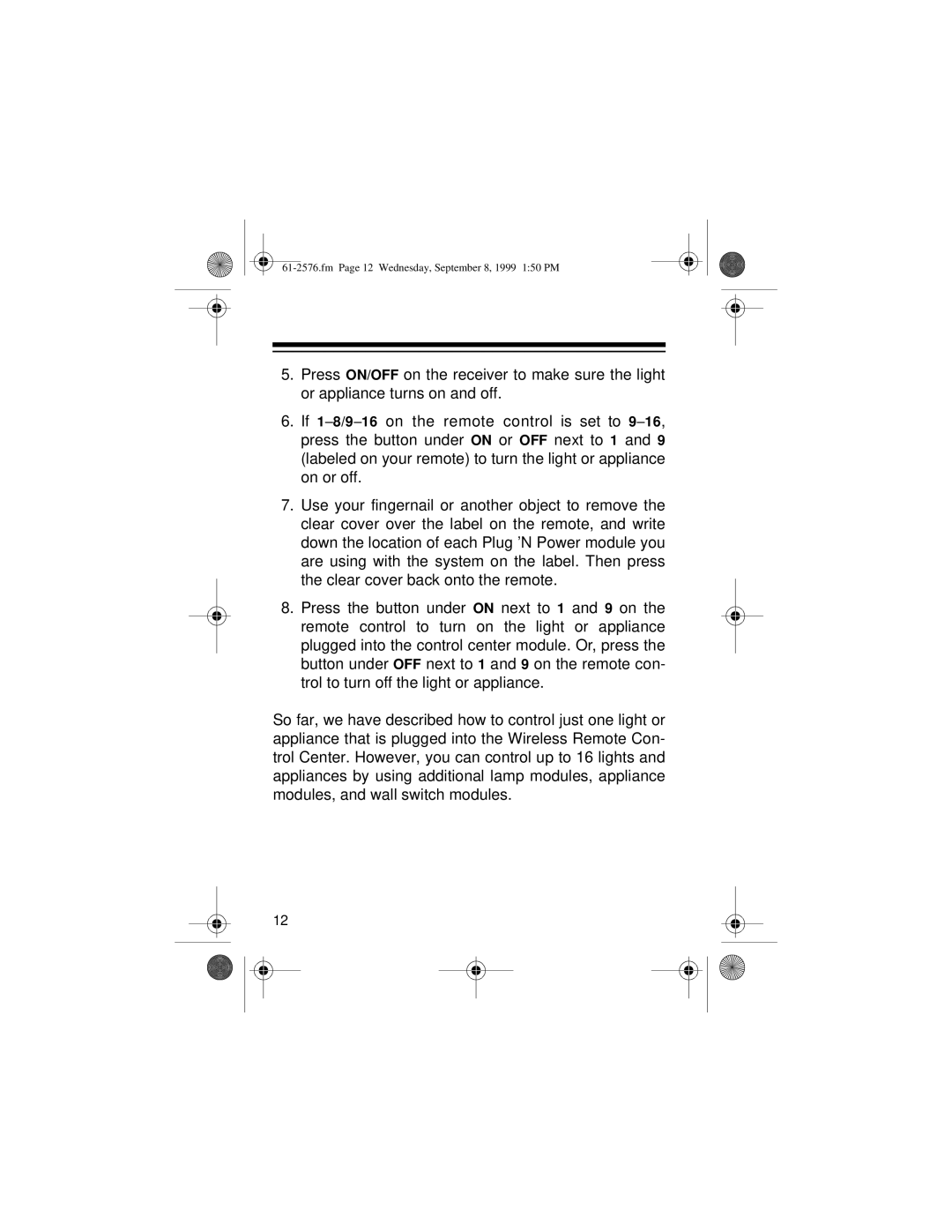 Radio Shack Wireless Remote Control System owner manual Fm Page 12 Wednesday, September 8, 1999 150 PM 