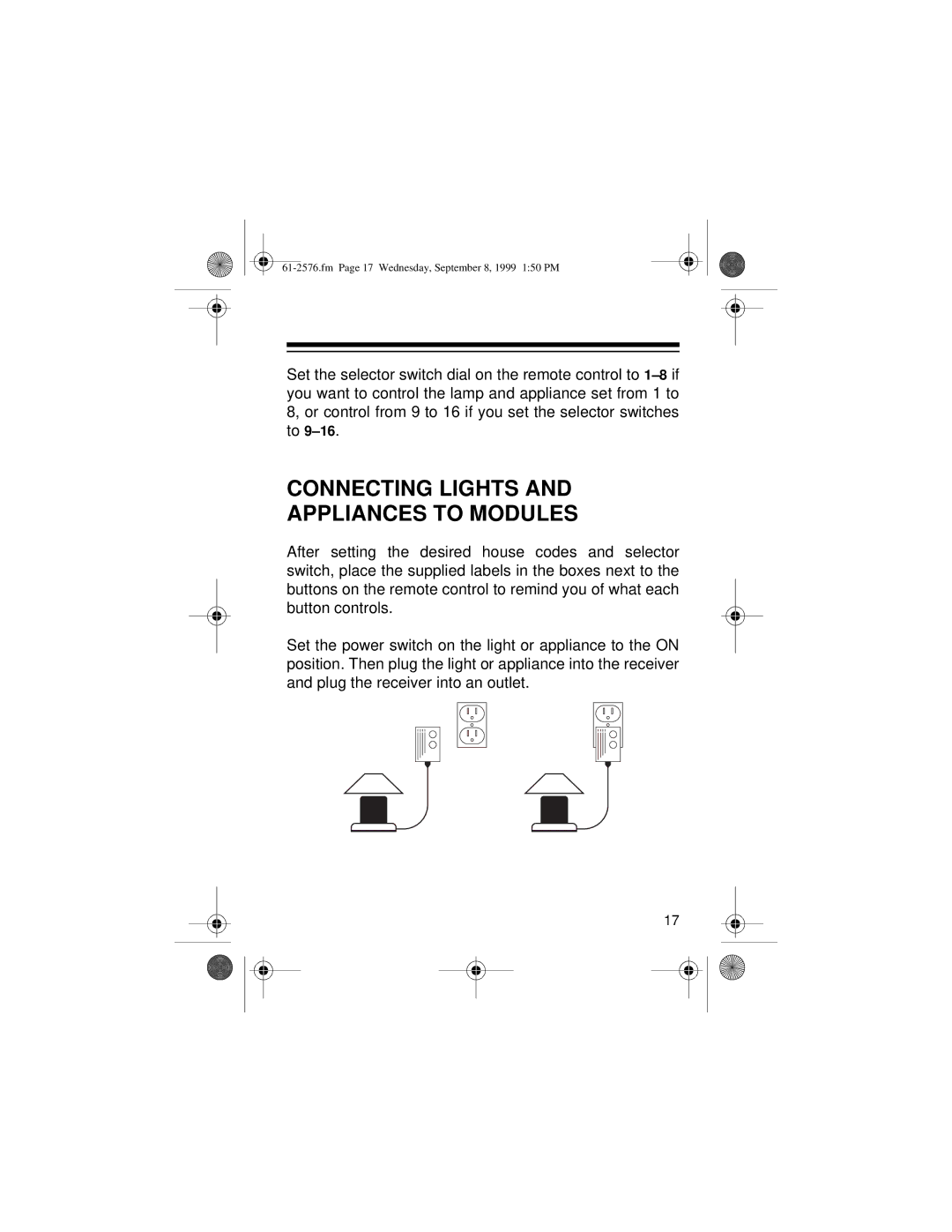 Radio Shack Wireless Remote Control System owner manual Connecting Lights Appliances to Modules 