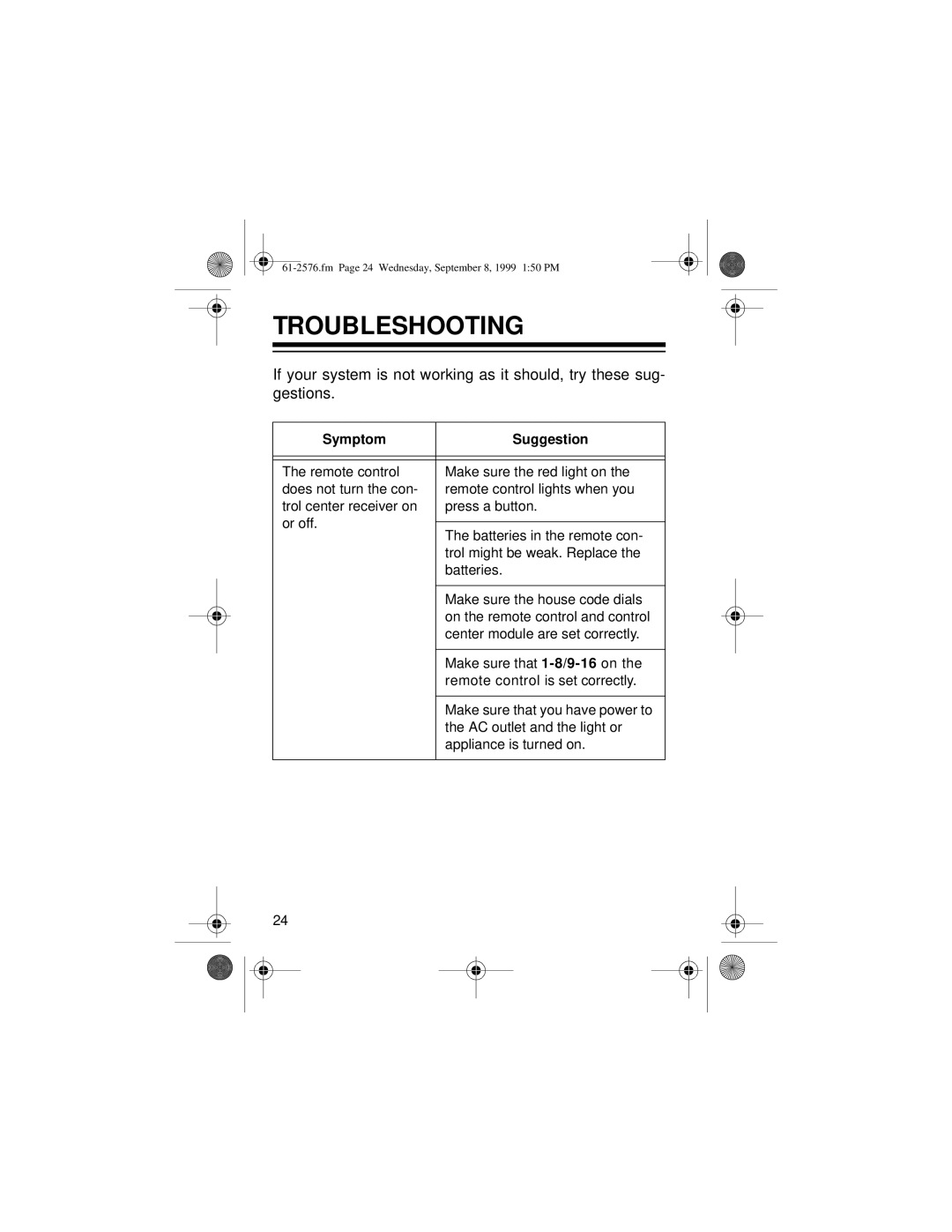 Radio Shack Wireless Remote Control System owner manual Troubleshooting, Symptom Suggestion 