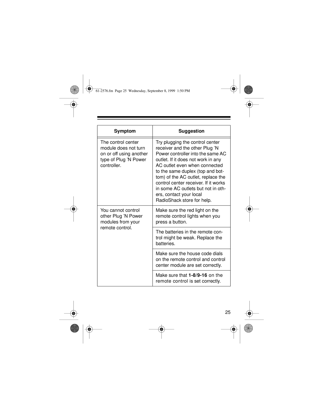 Radio Shack Wireless Remote Control System owner manual Fm Page 25 Wednesday, September 8, 1999 150 PM 