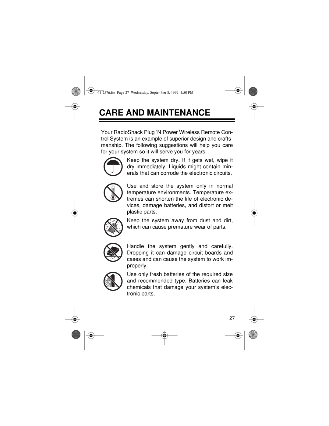 Radio Shack Wireless Remote Control System owner manual Care and Maintenance 