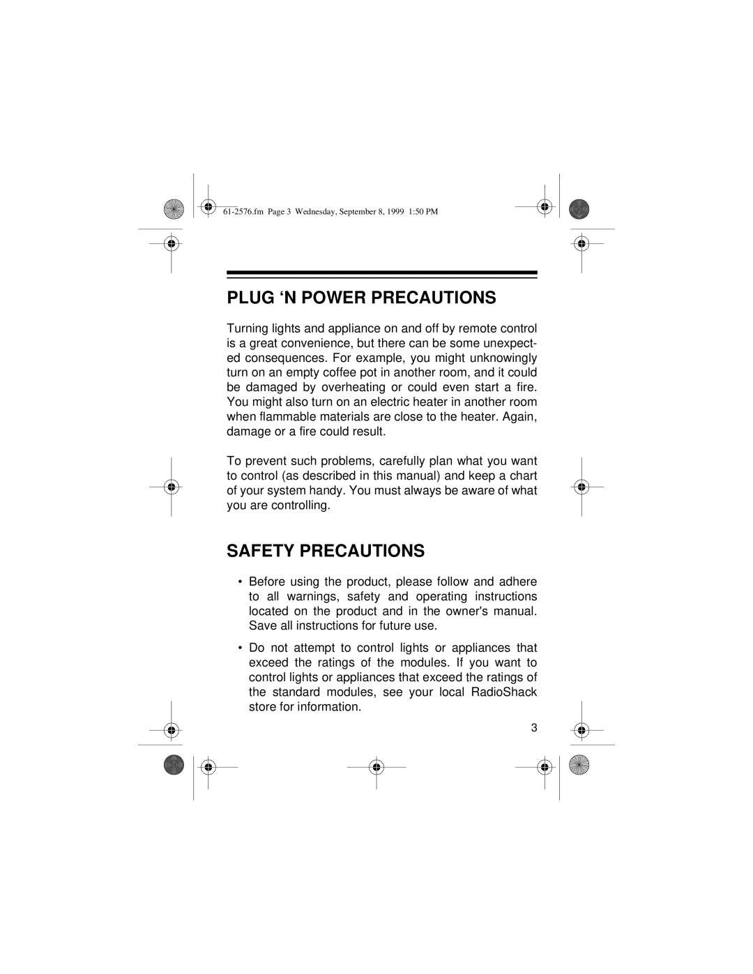 Radio Shack Wireless Remote Control System owner manual Plug ‘N Power Precautions, Safety Precautions 