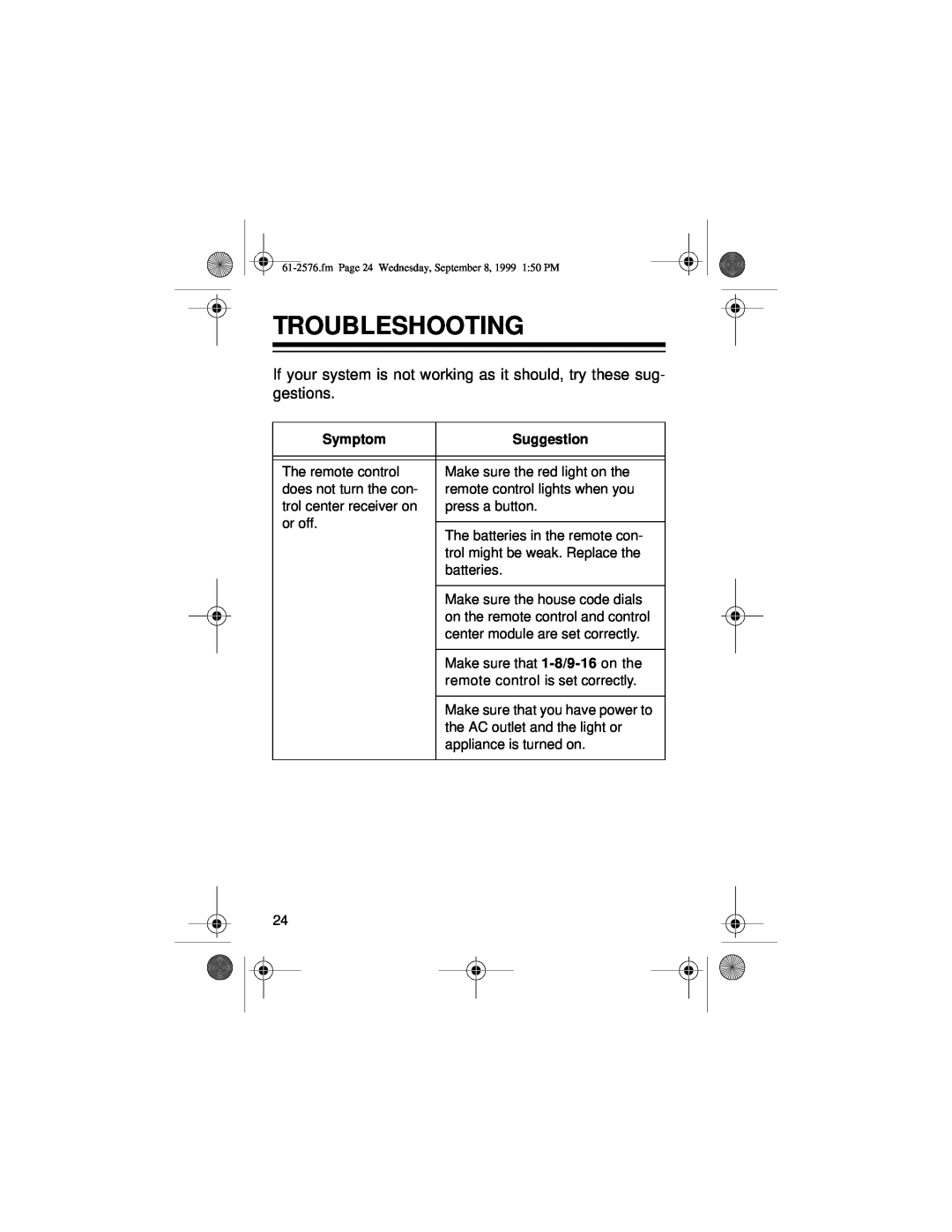 Radio Shack Wireless Remote Control System owner manual Troubleshooting, Symptom, Suggestion 
