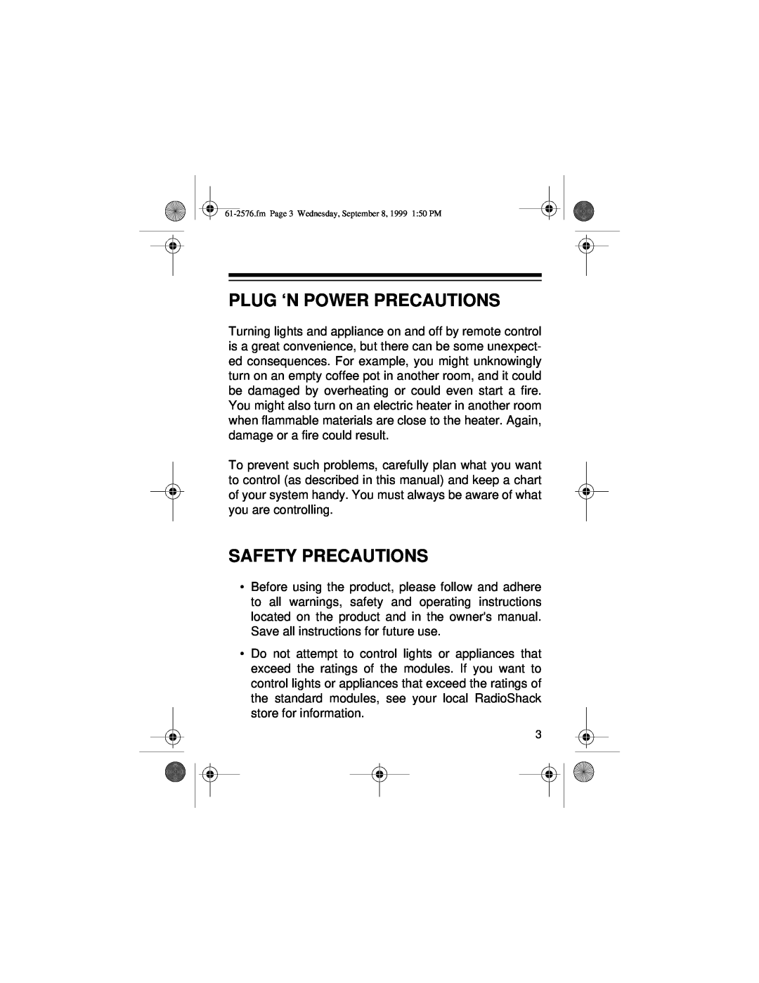Radio Shack Wireless Remote Control System owner manual Plug ‘N Power Precautions, Safety Precautions 