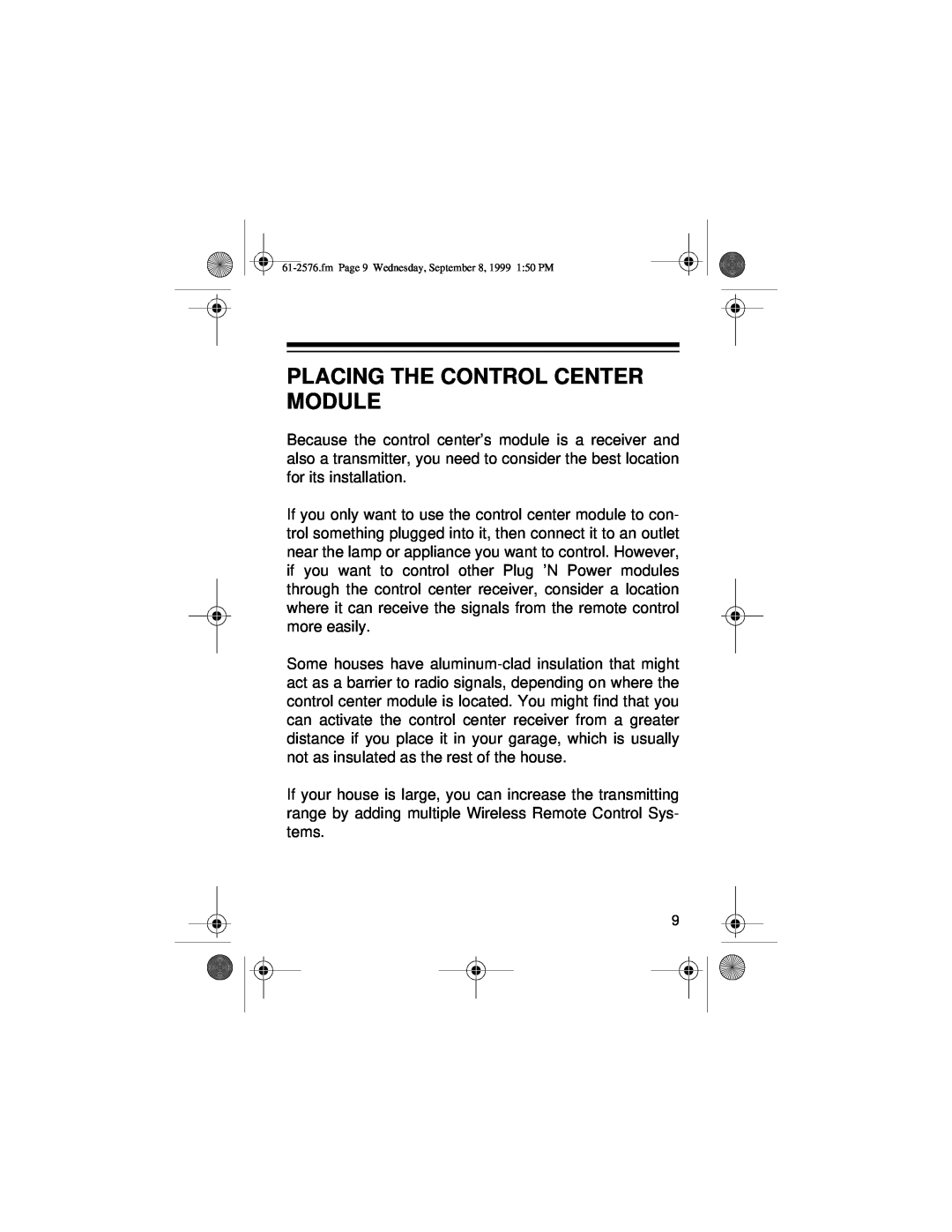 Radio Shack Wireless Remote Control System owner manual Placing The Control Center Module 