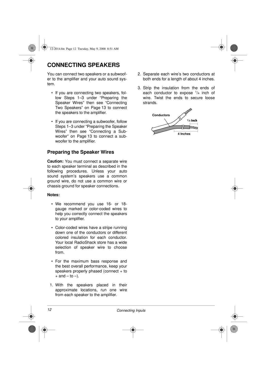 Radio Shack XL-110 owner manual Connecting Speakers, Preparing the Speaker Wires 