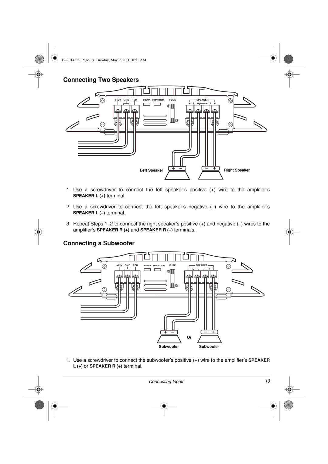 Radio Shack XL-110 owner manual Connecting Two Speakers, Connecting a Subwoofer 