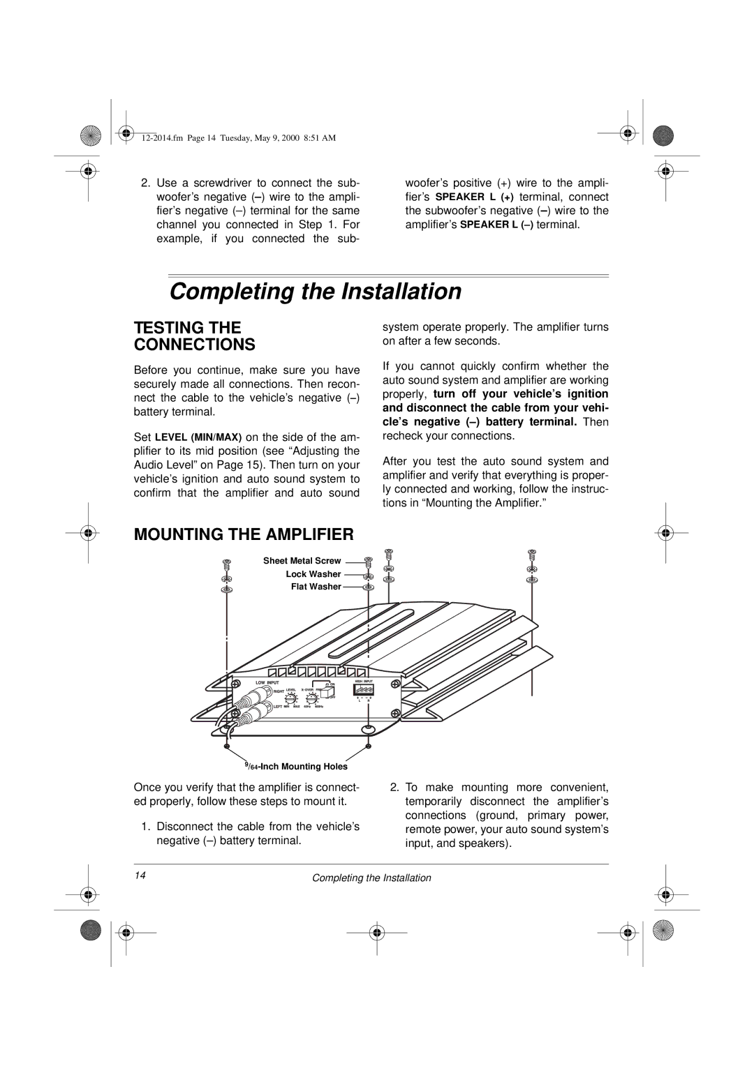 Radio Shack XL-110 owner manual Completing the Installation, Testing Connections, Mounting the Amplifier 