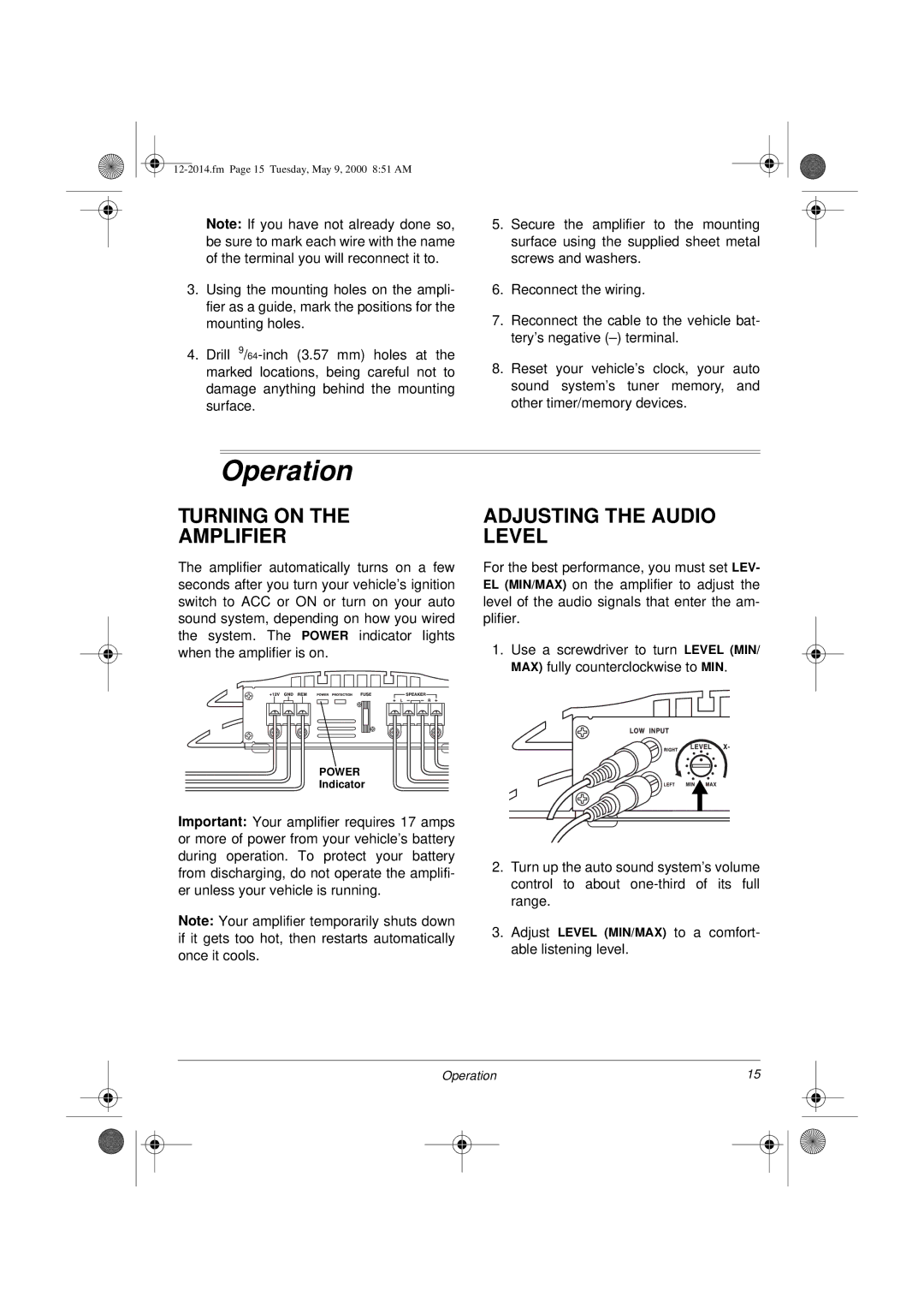 Radio Shack XL-110 owner manual Operation, Turning on Amplifier, Adjusting the Audio Level 