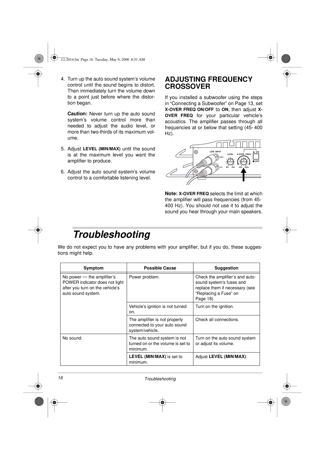 Radio Shack XL-110 owner manual Troubleshooting, Adjusting Frequency Crossover 