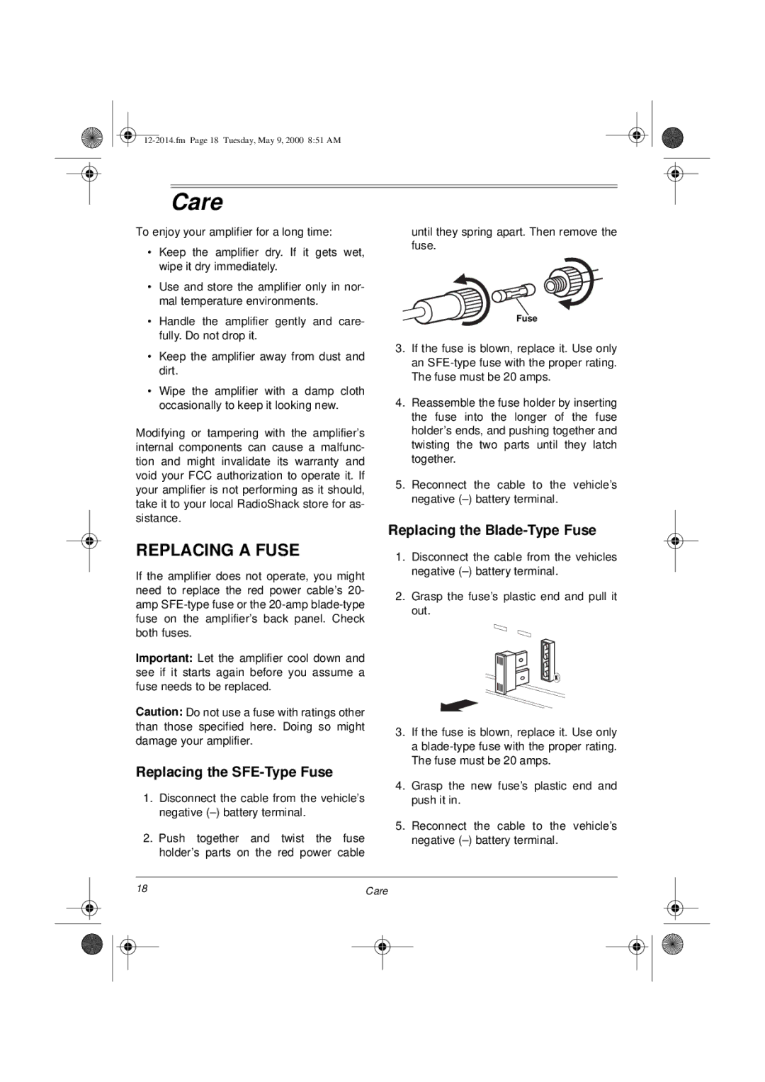 Radio Shack XL-110 owner manual Care, Replacing a Fuse, Replacing the SFE-Type Fuse, Replacing the Blade-Type Fuse 