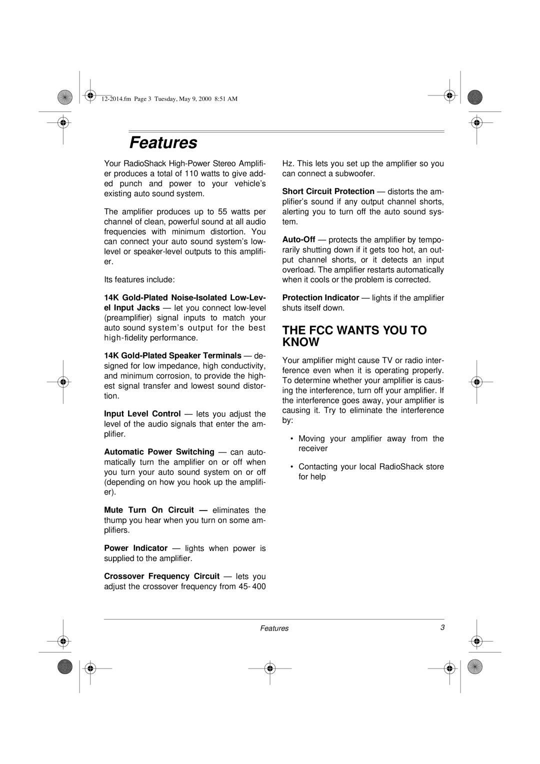 Radio Shack XL-110 owner manual Features, FCC Wants YOU to Know, 14K Gold-Plated Noise-Isolated Low-Lev 