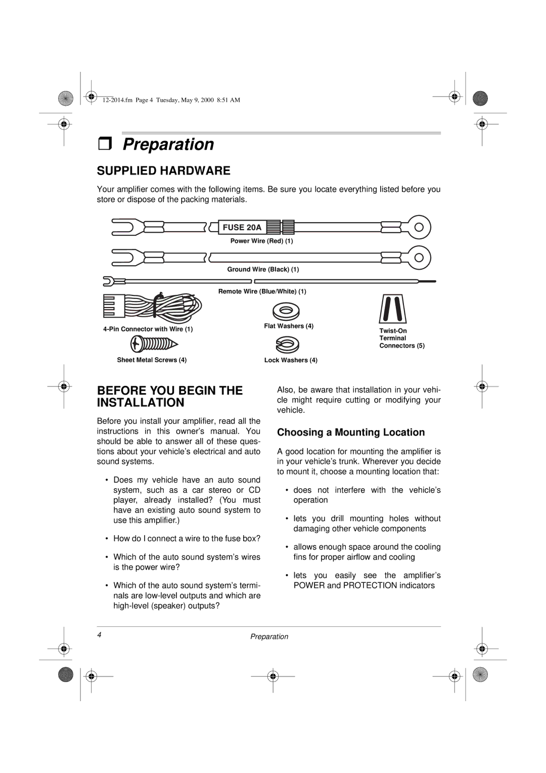 Radio Shack XL-110 Preparation, Supplied Hardware, Before YOU Begin the Installation, Choosing a Mounting Location 