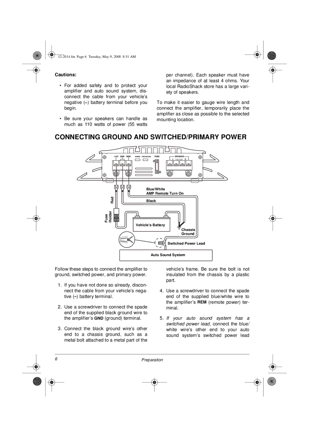 Radio Shack XL-110 owner manual Connecting Ground and SWITCHED/PRIMARY Power 