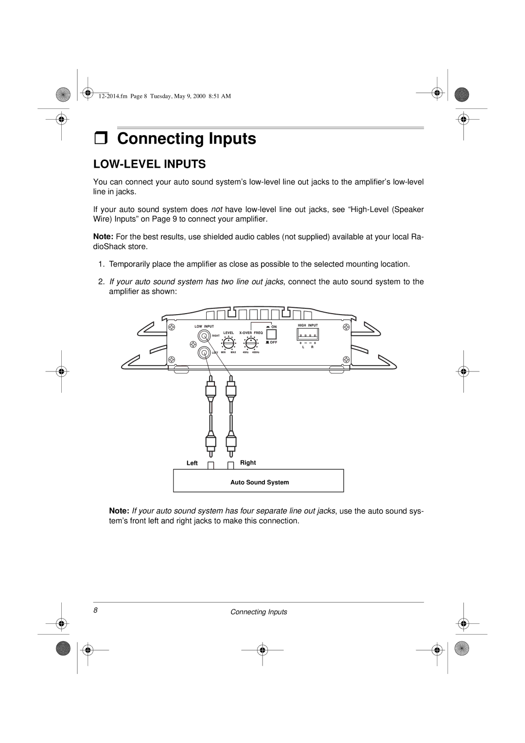 Radio Shack XL-110 owner manual Connecting Inputs, LOW-LEVEL Inputs 