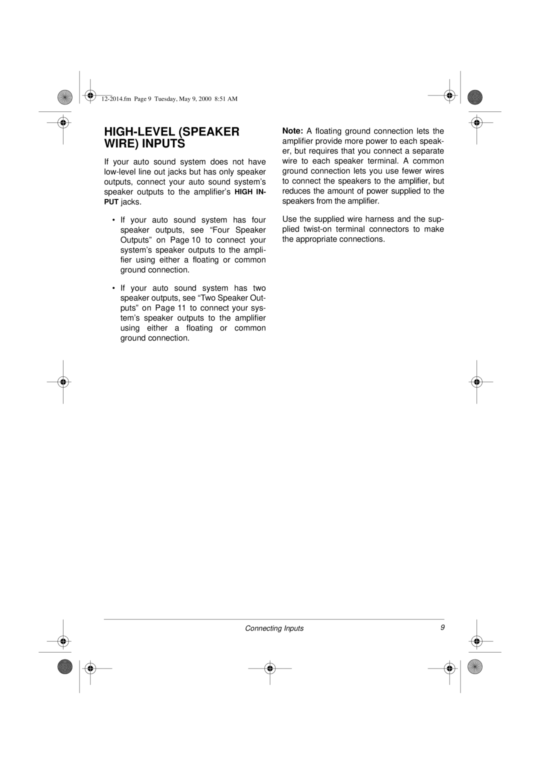 Radio Shack XL-110 owner manual HIGH-LEVEL Speaker Wire Inputs 