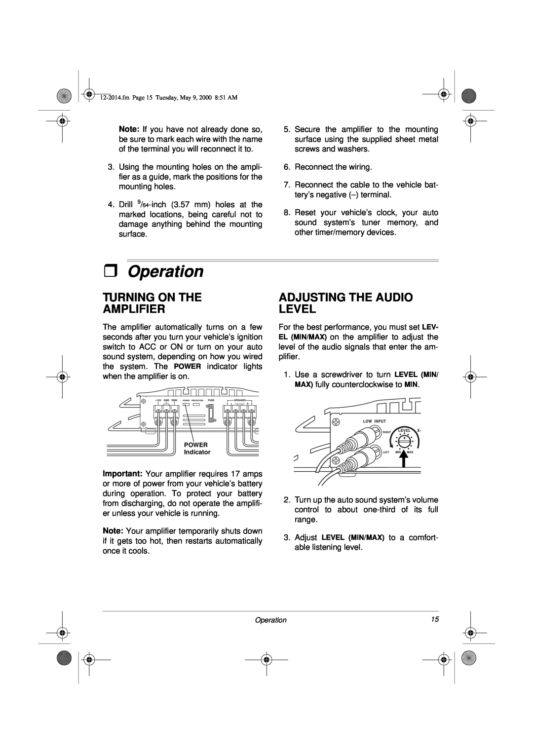 Radio Shack XL-110 owner manual ˆOperation, Turning On The Amplifier, Adjusting The Audio Level 