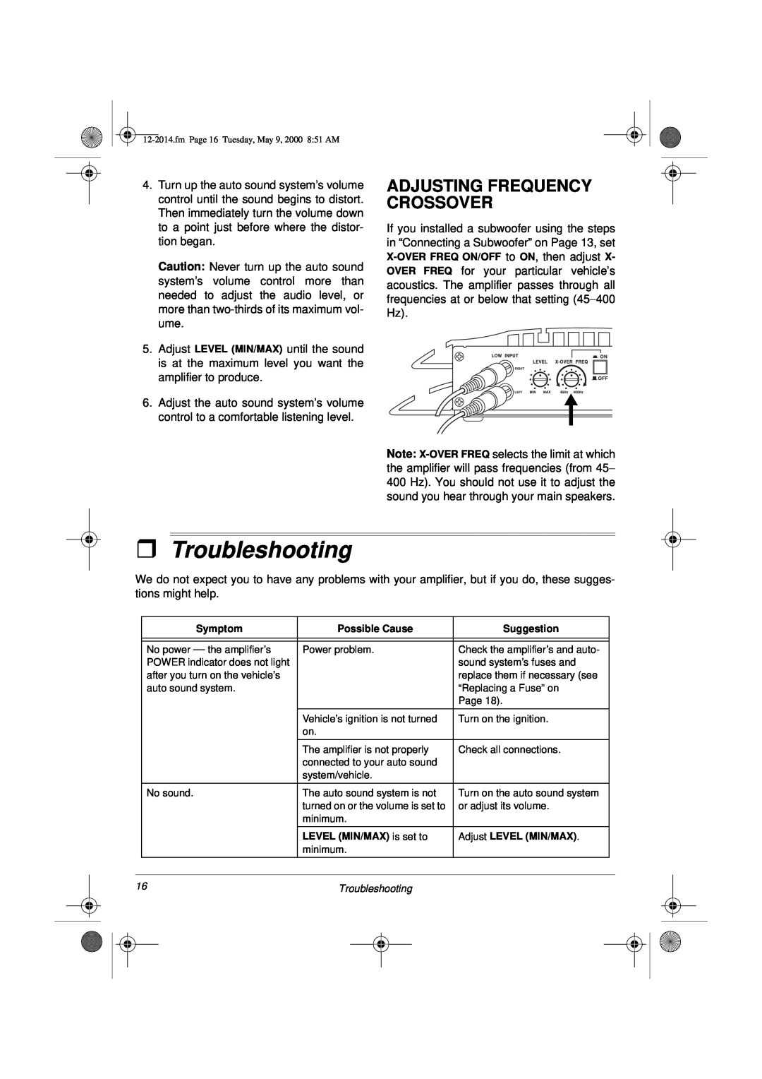 Radio Shack XL-110 owner manual ˆTroubleshooting, Adjusting Frequency Crossover 