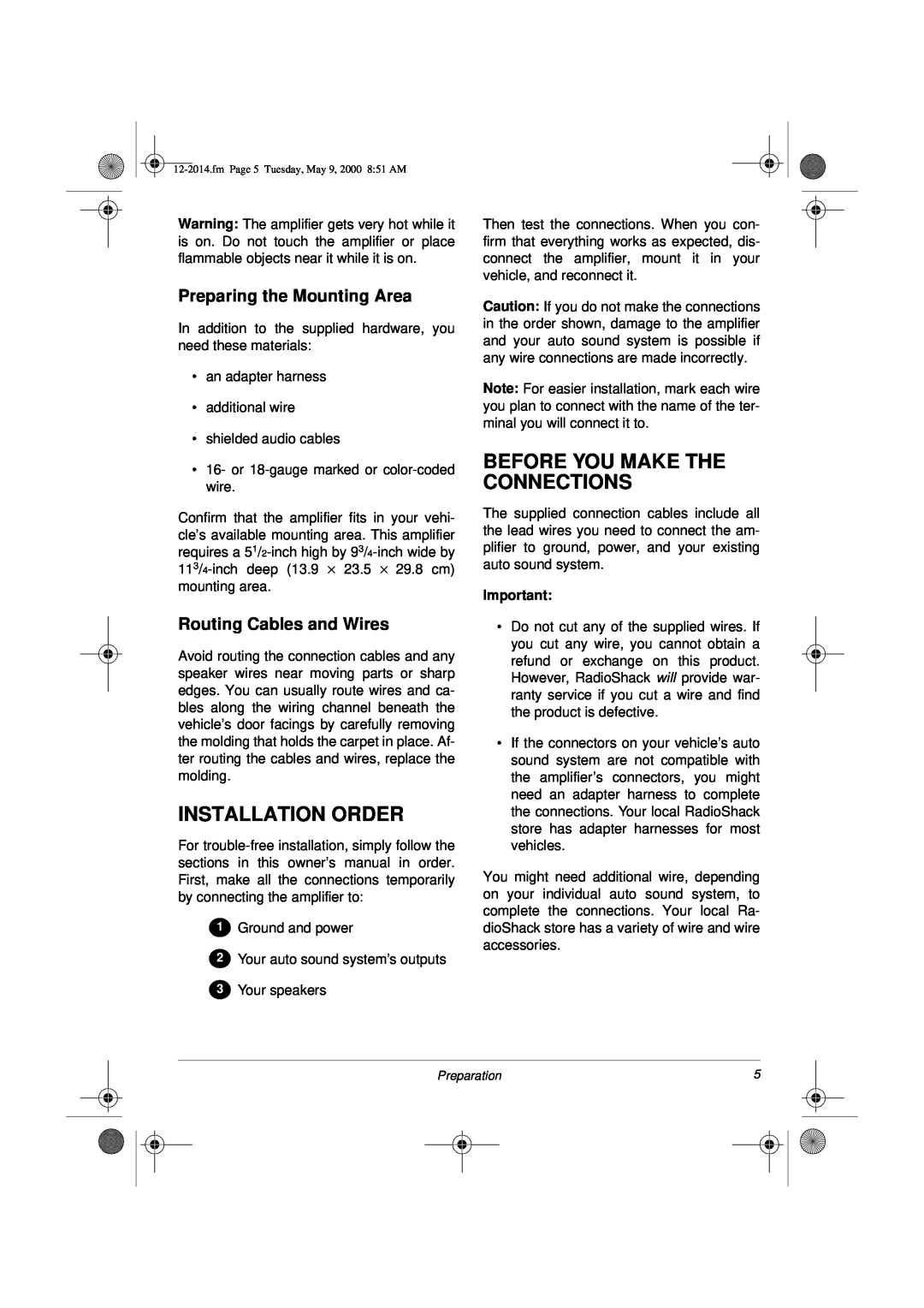 Radio Shack XL-110 owner manual Installation Order, Before You Make The Connections, Preparing the Mounting Area 