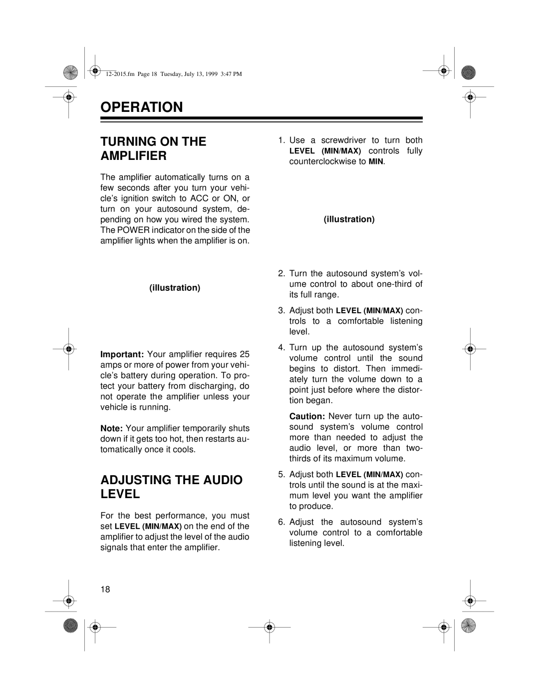 Radio Shack XL-150 owner manual Operation, Turning on Amplifier, Adjusting the Audio Level 