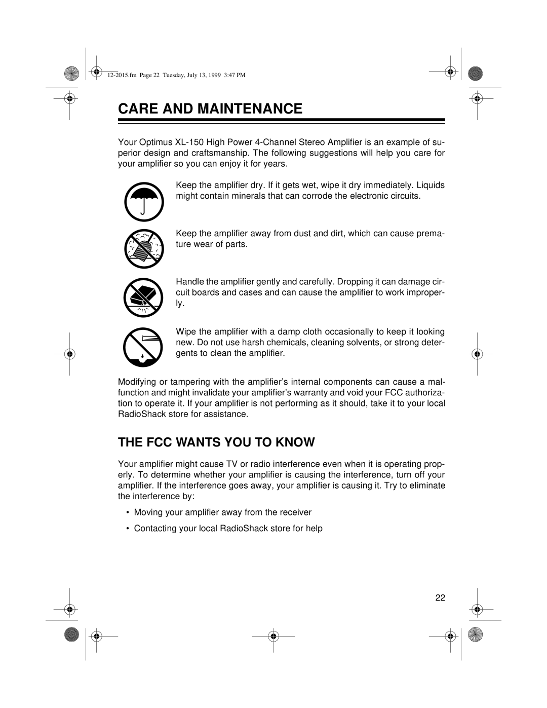 Radio Shack XL-150 owner manual Care and Maintenance, FCC Wants YOU to Know 