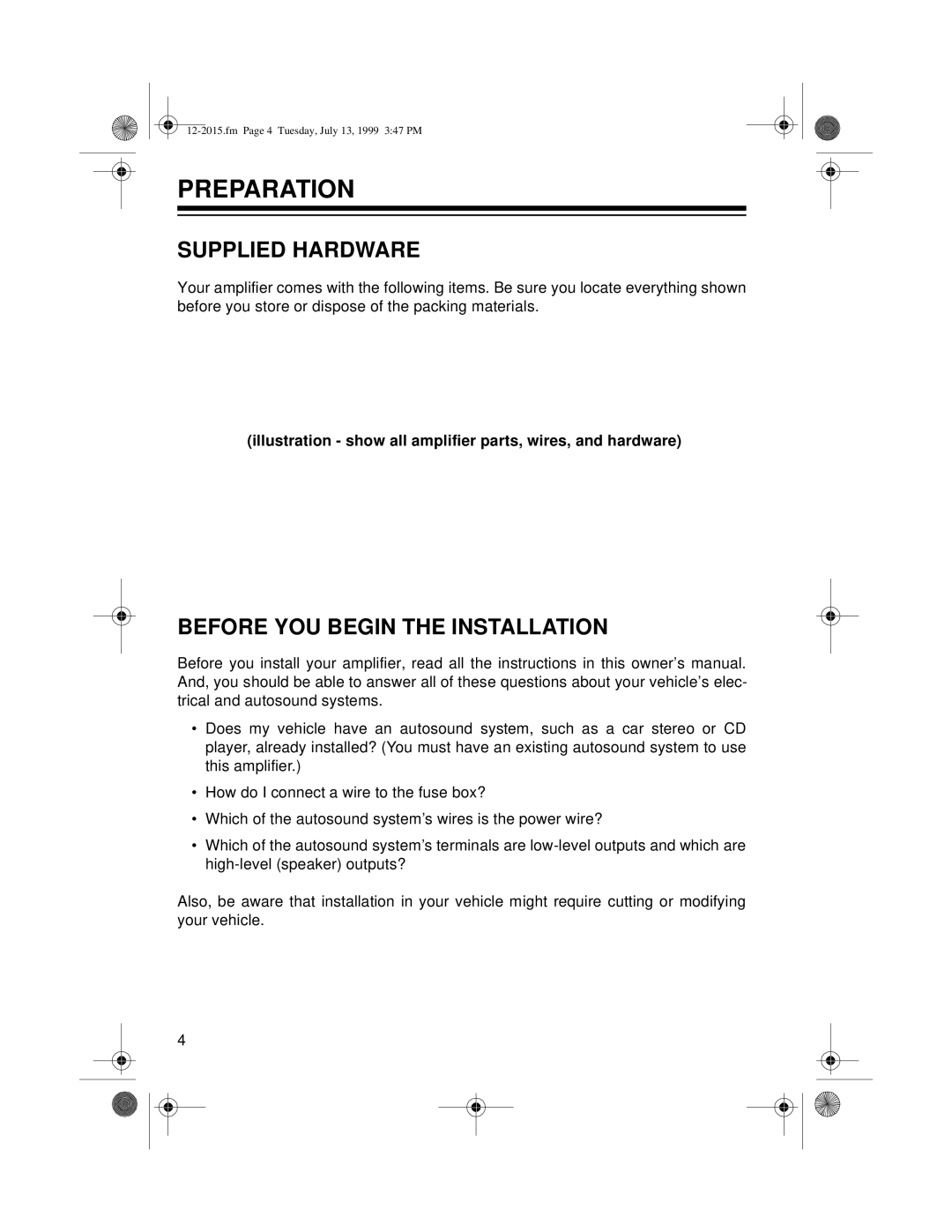 Radio Shack XL-150 owner manual Preparation, Supplied Hardware, Before YOU Begin the Installation 