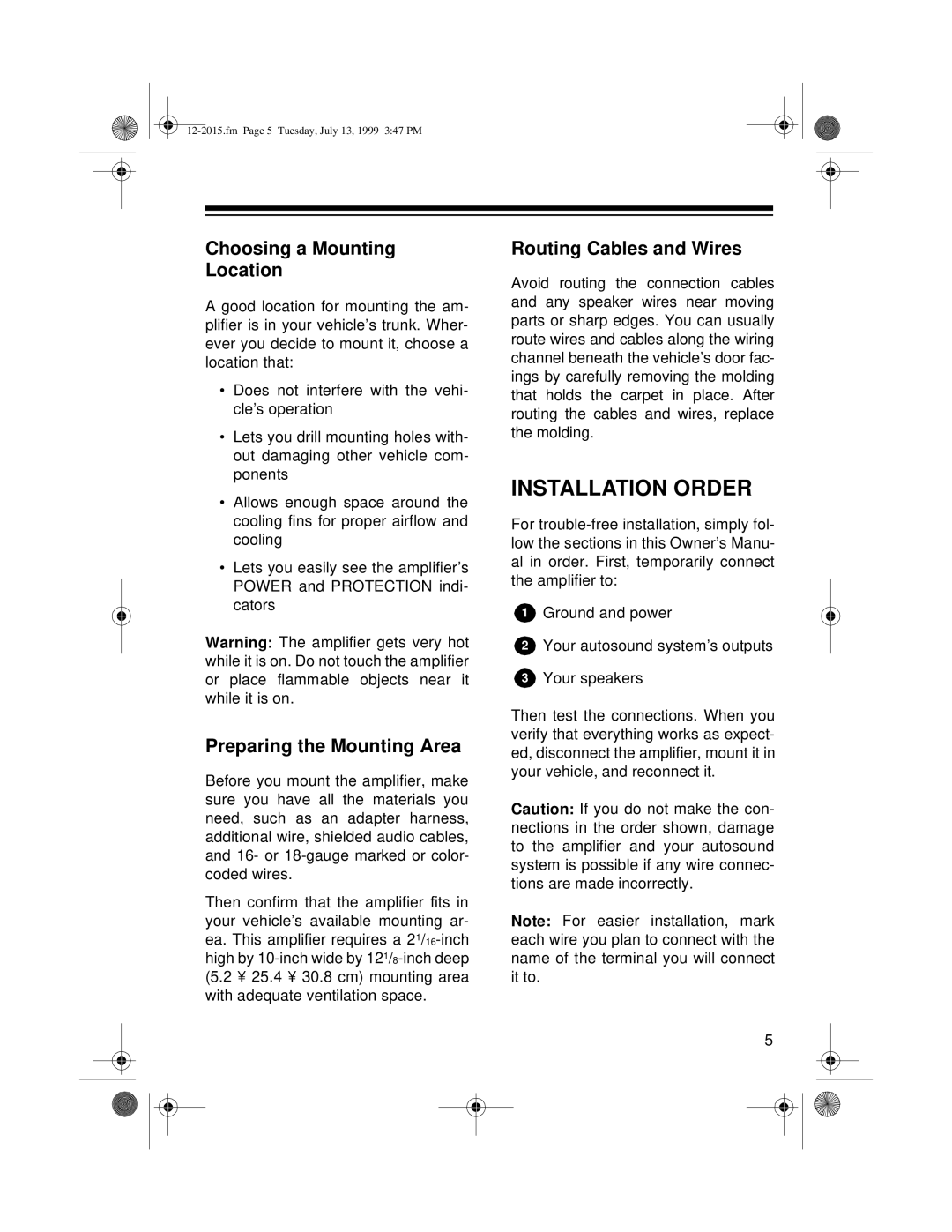 Radio Shack XL-150 Installation Order, Choosing a Mounting Location, Preparing the Mounting Area, Routing Cables and Wires 