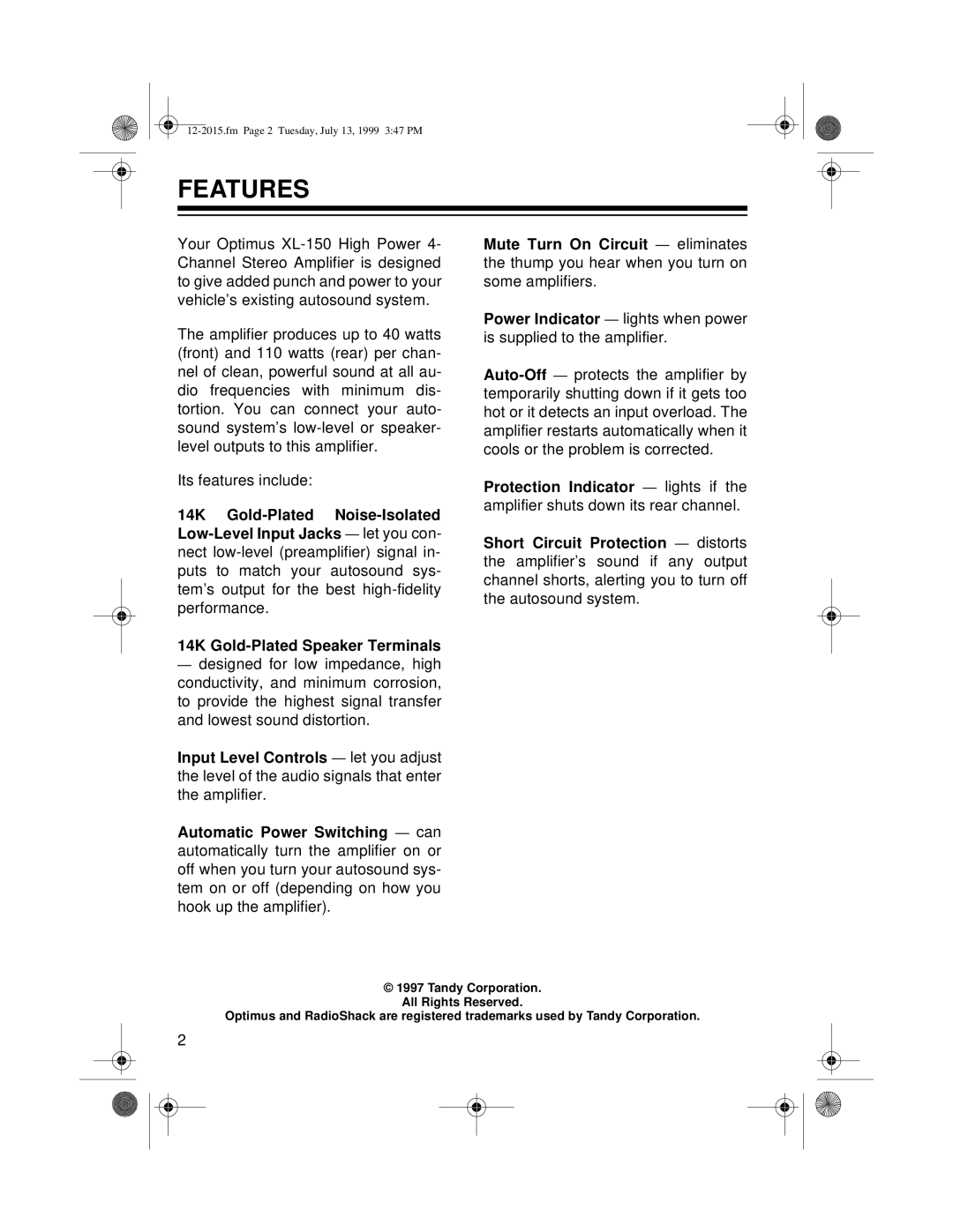 Radio Shack XL-150 owner manual Features 