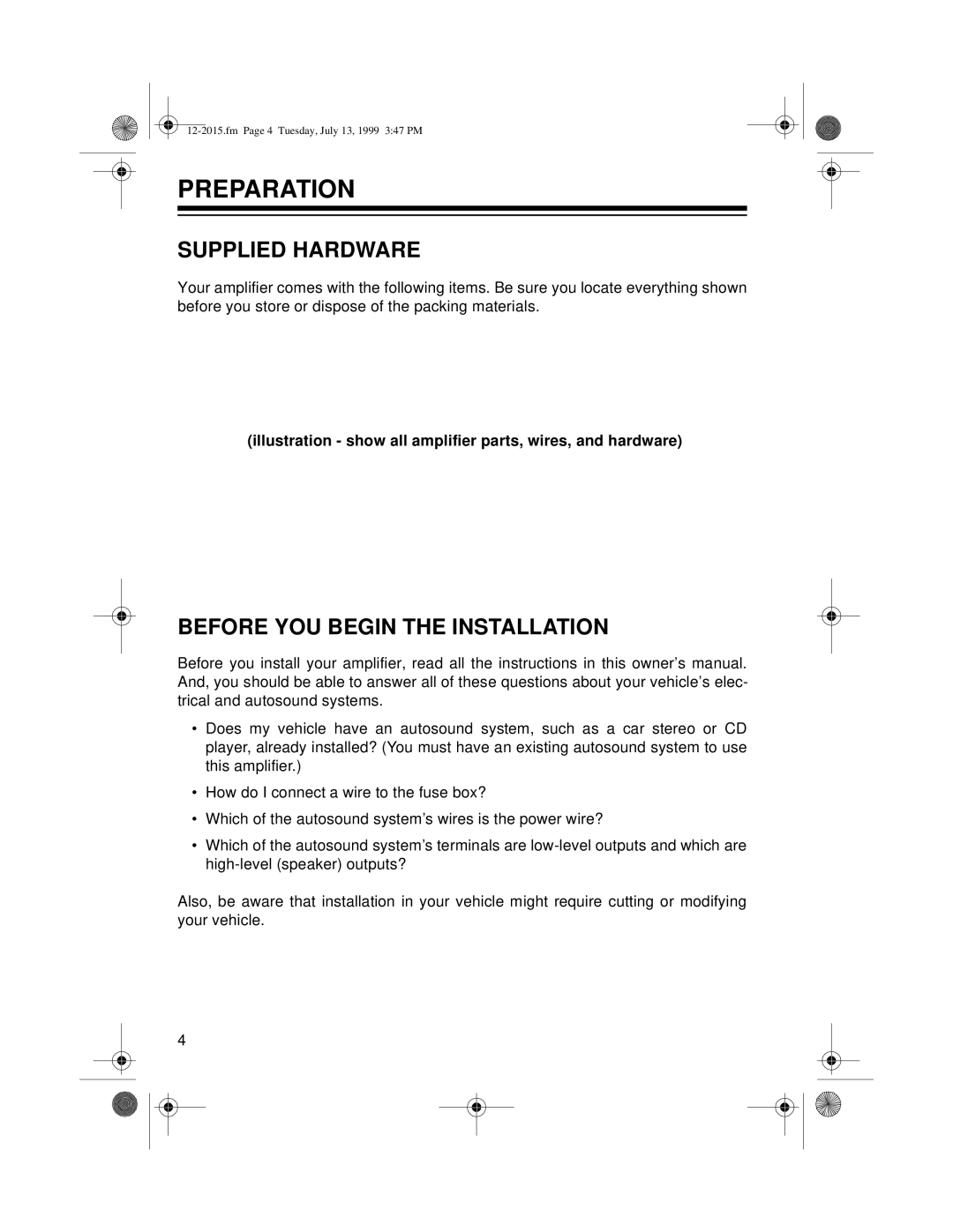 Radio Shack XL-150 owner manual Preparation, Supplied Hardware, Before You Begin The Installation 