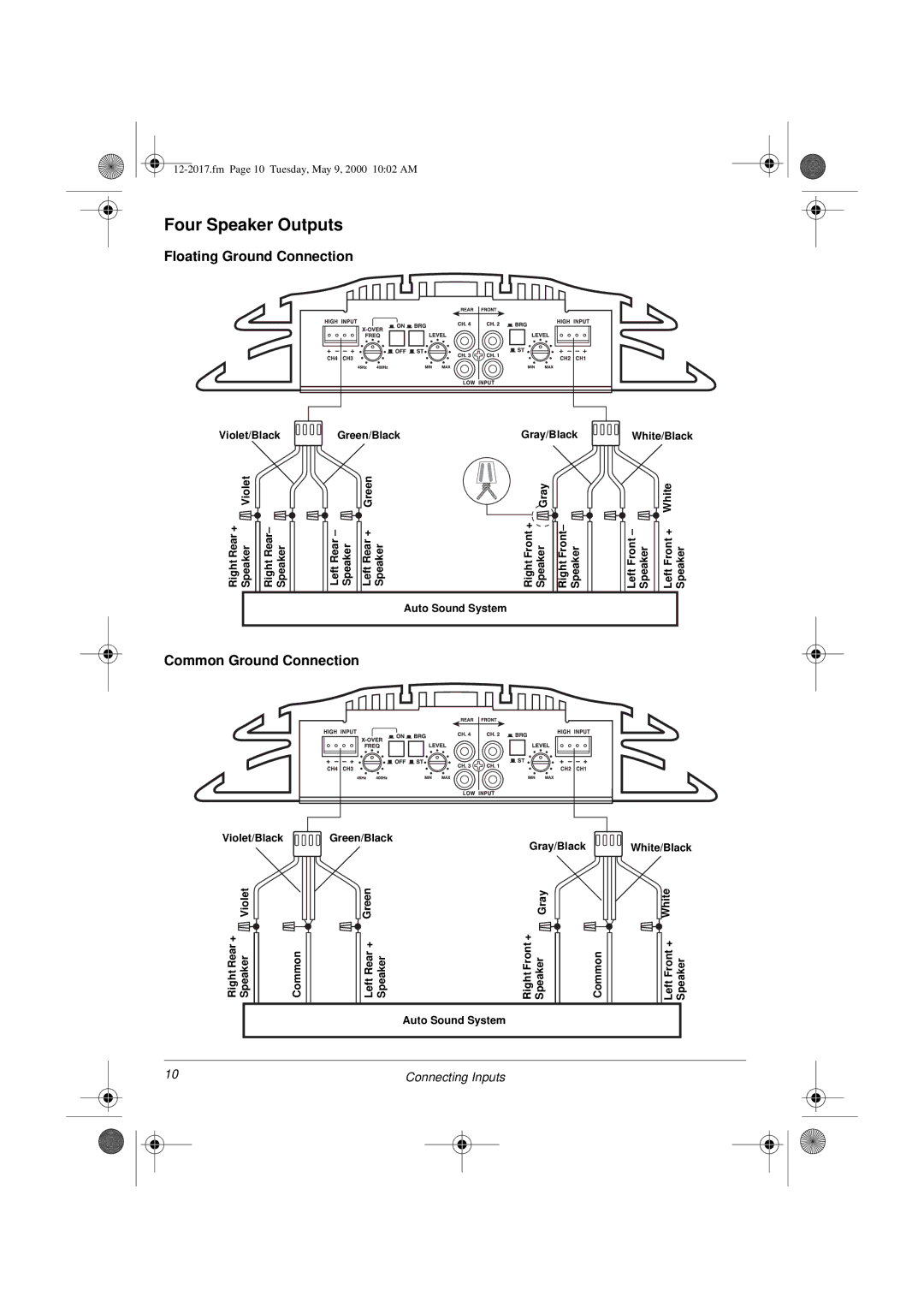 Radio Shack XL-260 owner manual Four Speaker Outputs, Floating Ground Connection, Common Ground Connection 