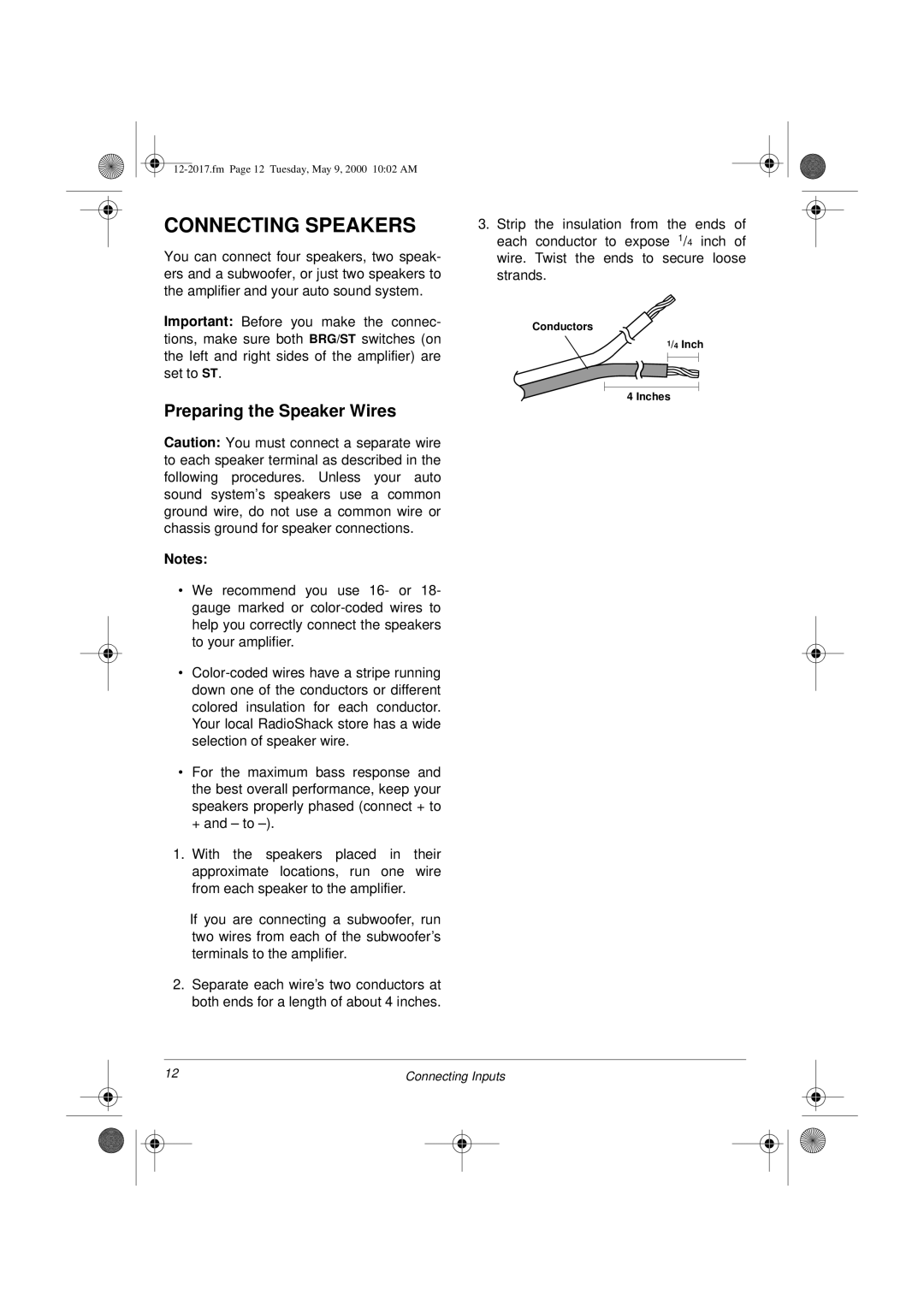 Radio Shack XL-260 owner manual Connecting Speakers, Preparing the Speaker Wires 