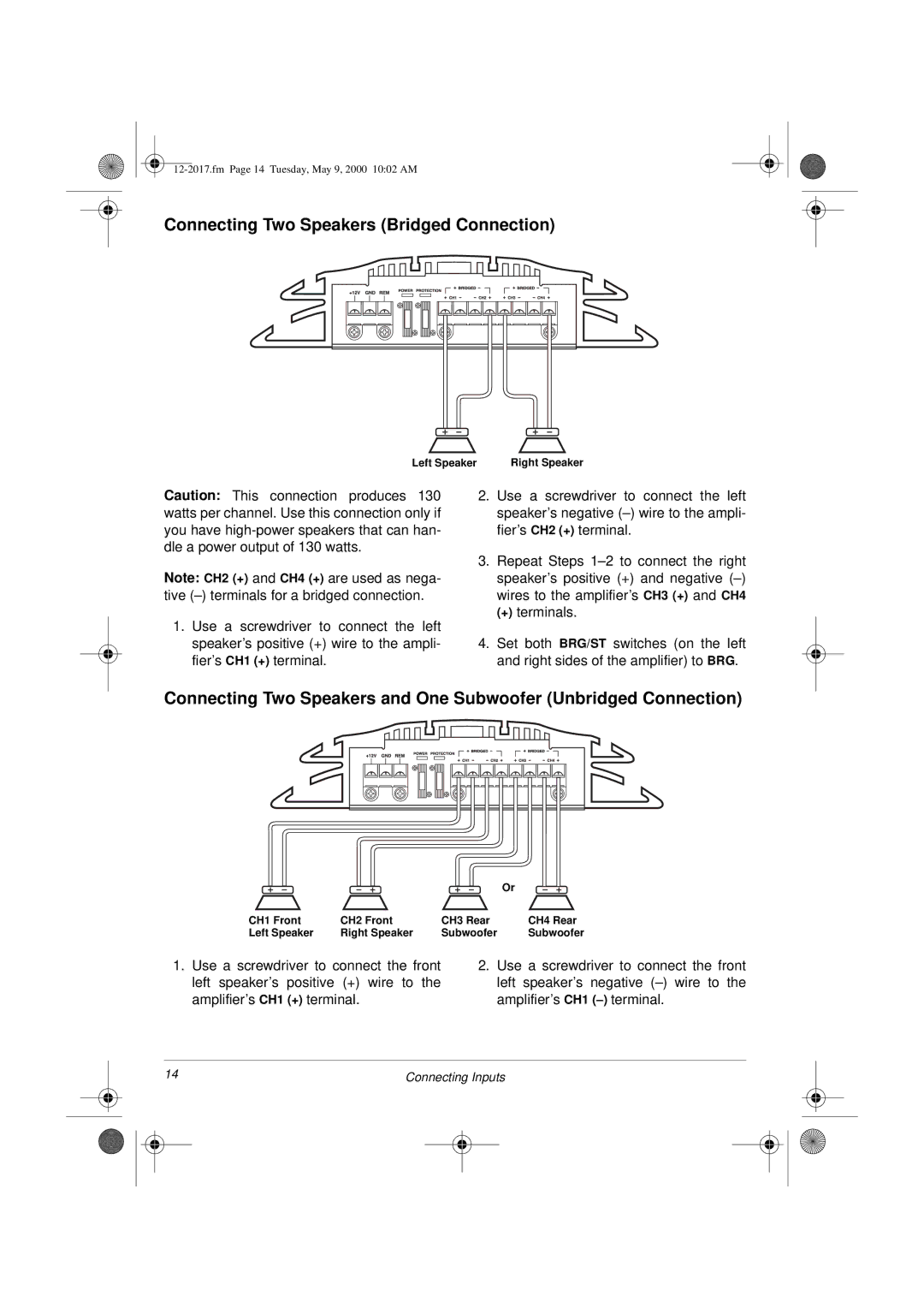 Radio Shack XL-260 owner manual Connecting Two Speakers Bridged Connection 