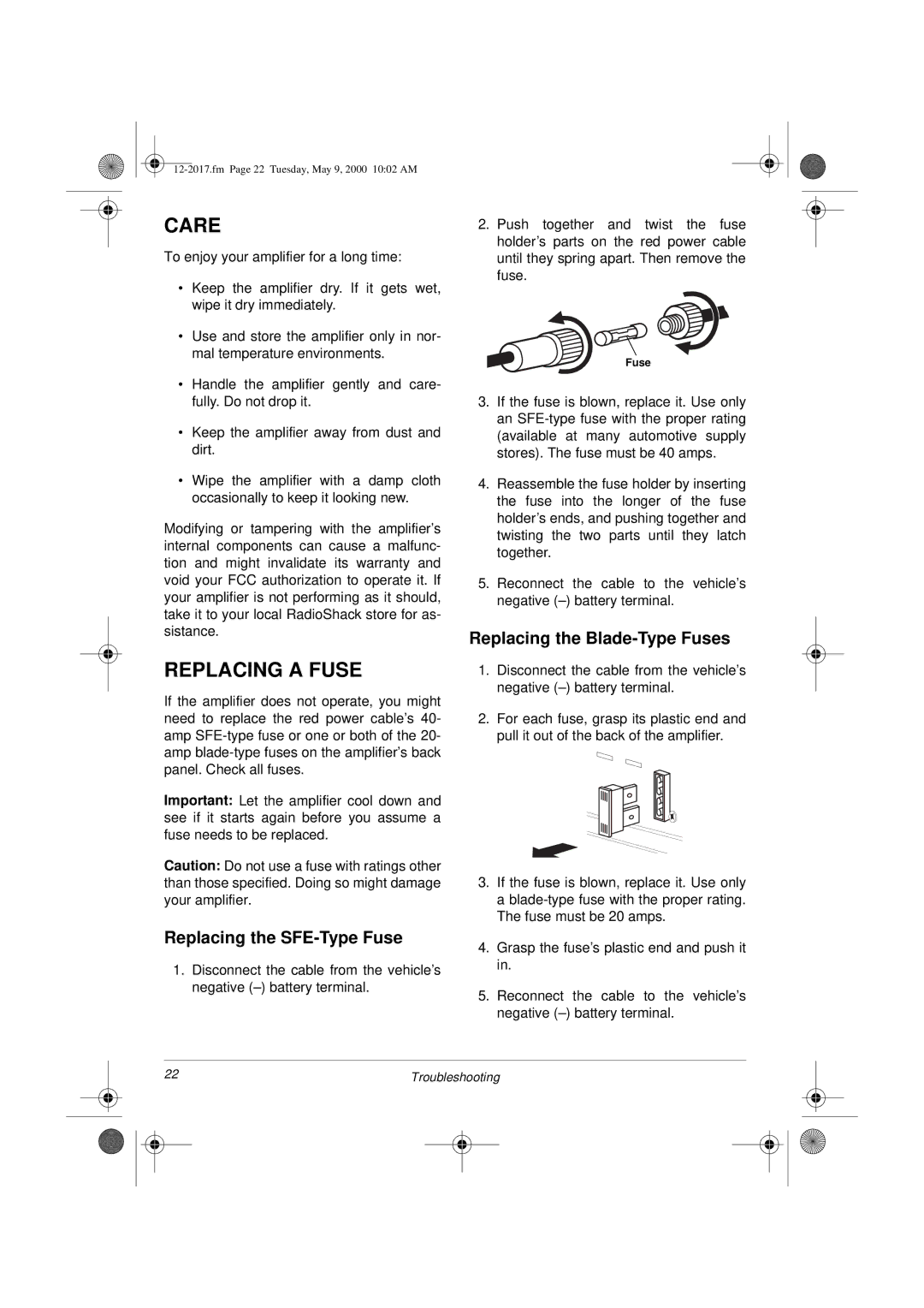 Radio Shack XL-260 owner manual Care, Replacing a Fuse, Replacing the SFE-Type Fuse, Replacing the Blade-Type Fuses 