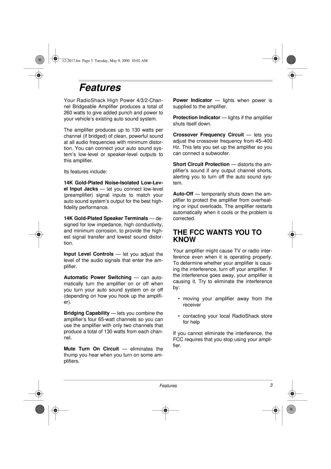 Radio Shack XL-260 owner manual Features, FCC Wants YOU to Know, 14K Gold-Plated Noise-Isolated Low-Lev 