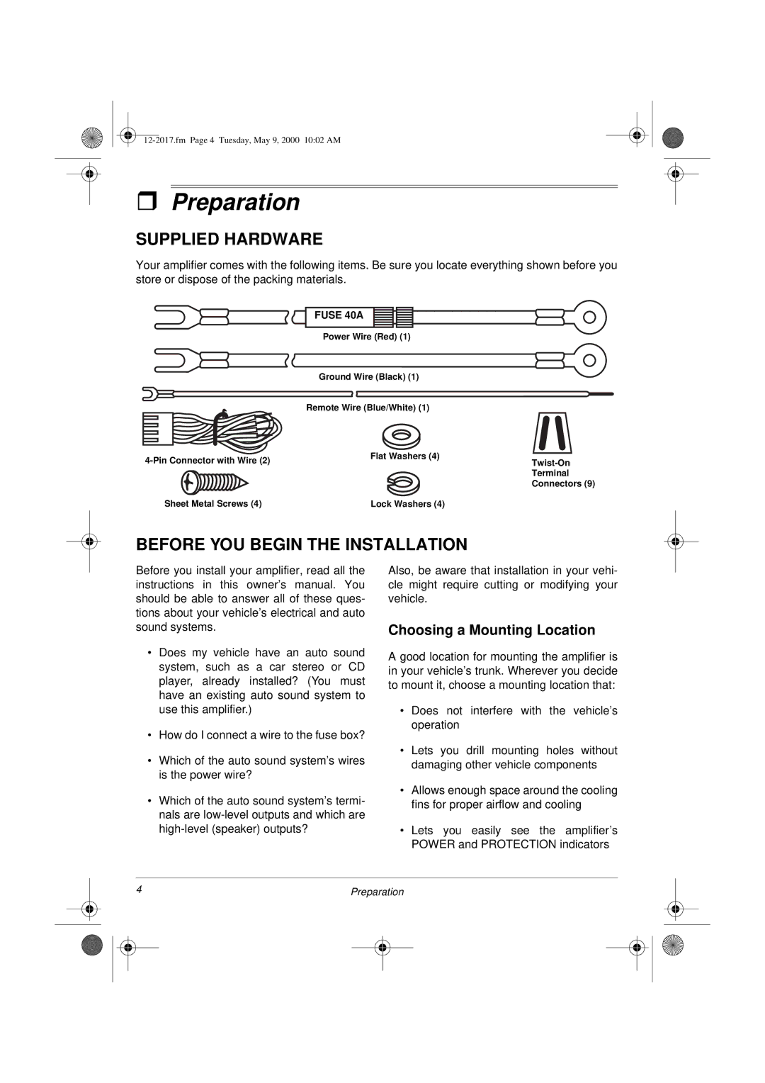 Radio Shack XL-260 Preparation, Supplied Hardware, Before YOU Begin the Installation, Choosing a Mounting Location 