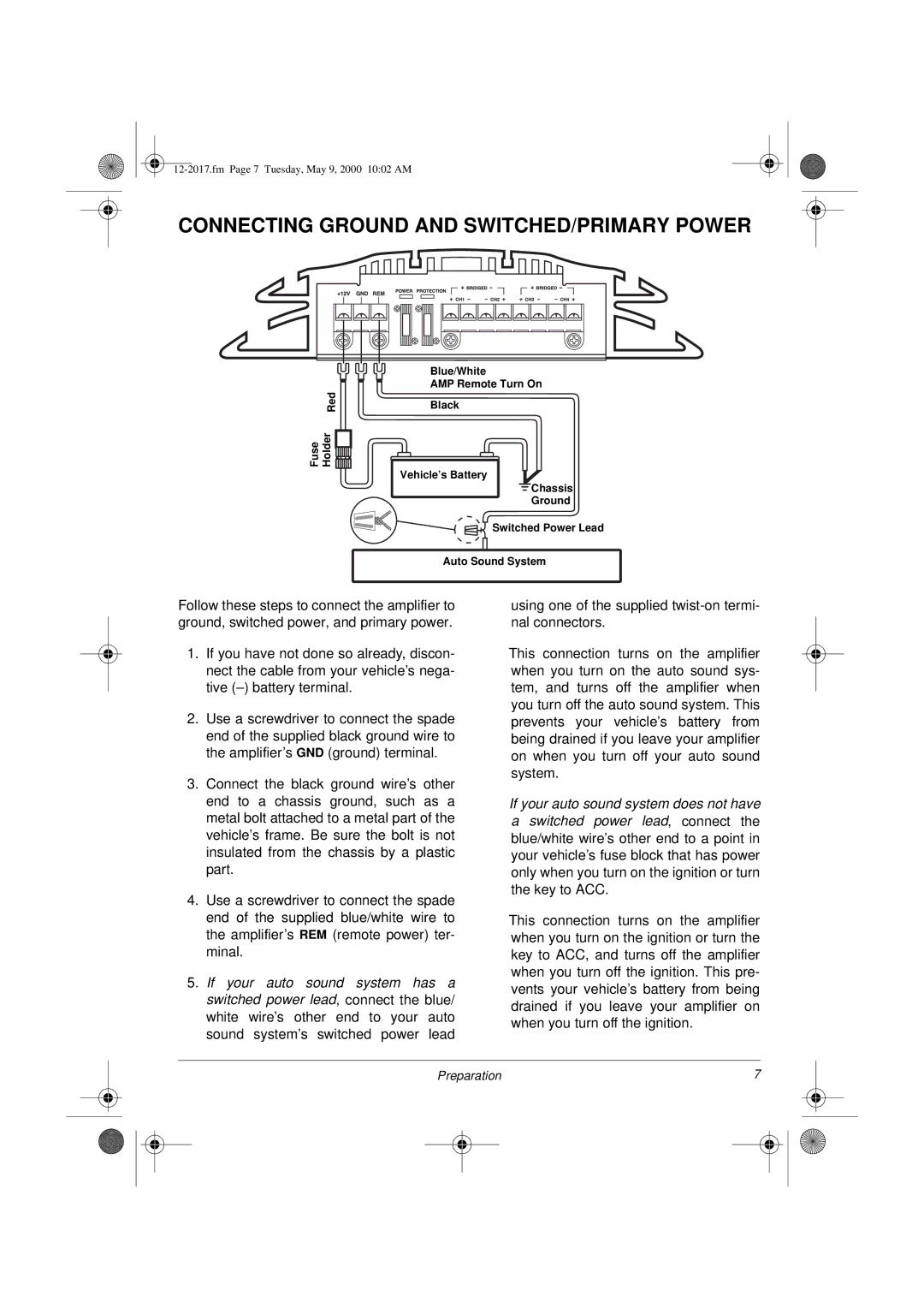 Radio Shack XL-260 owner manual Connecting Ground and SWITCHED/PRIMARY Power 