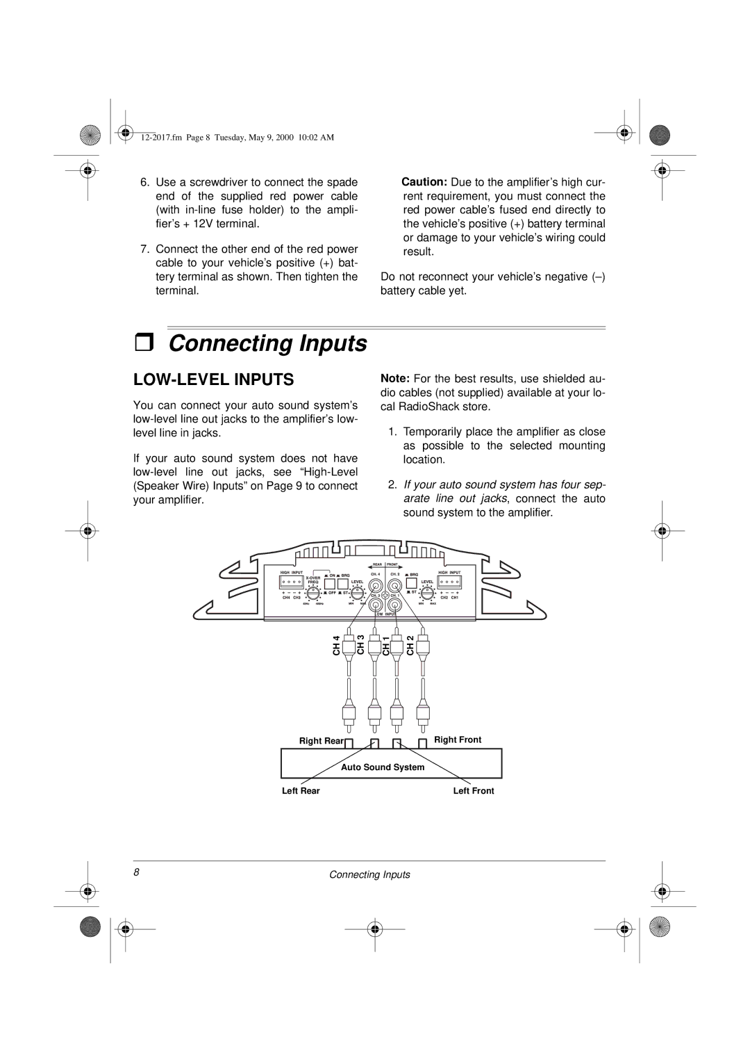 Radio Shack XL-260 owner manual Connecting Inputs, LOW-LEVEL Inputs 