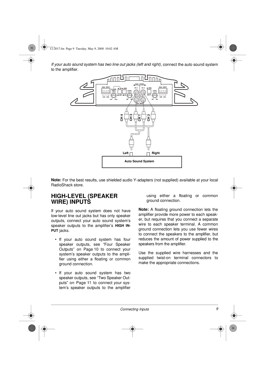 Radio Shack XL-260 owner manual HIGH-LEVEL Speaker Wire Inputs, Using either a floating or common ground connection 