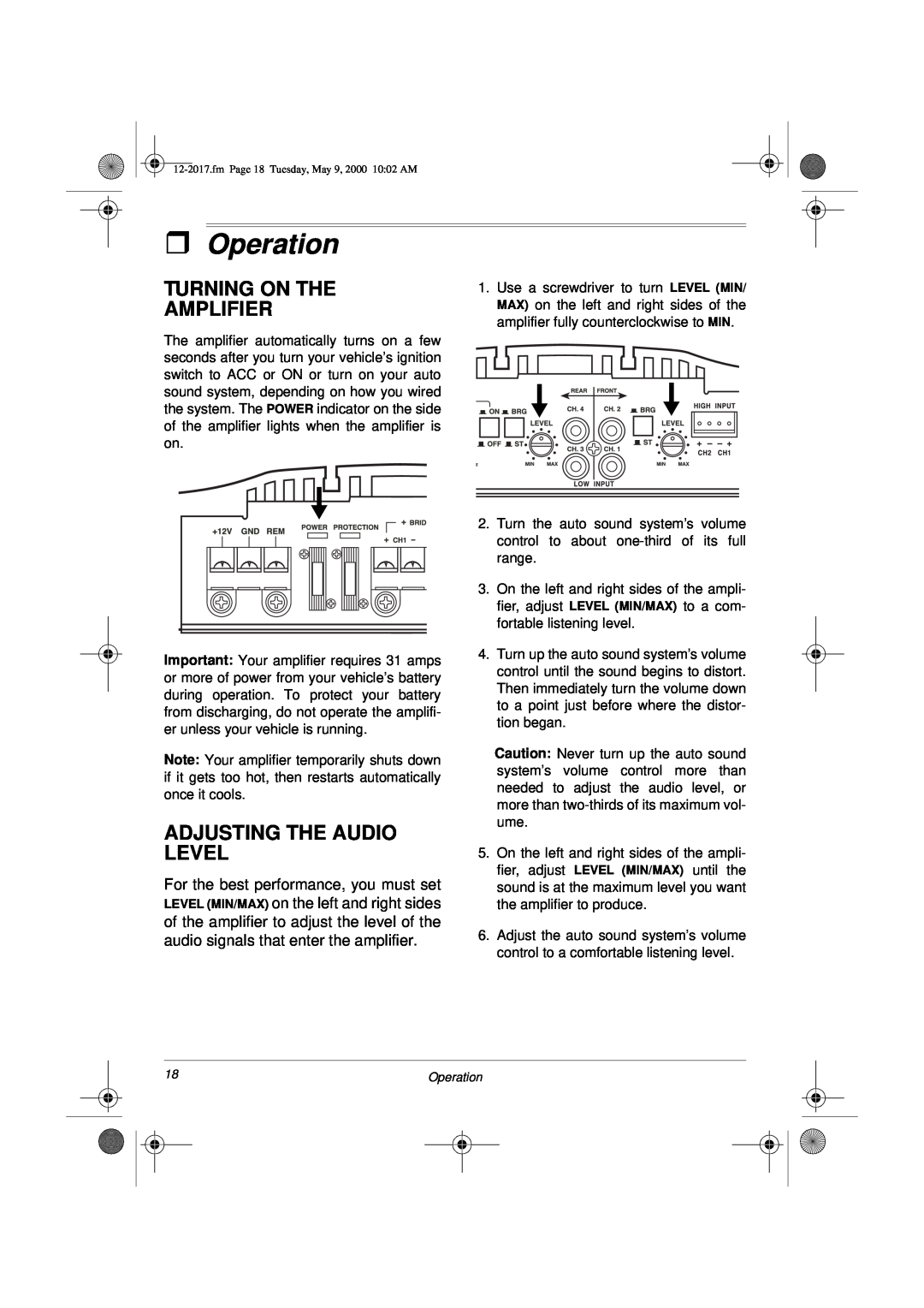 Radio Shack XL-260 owner manual ˆOperation, Turning On The Amplifier, Adjusting The Audio Level 