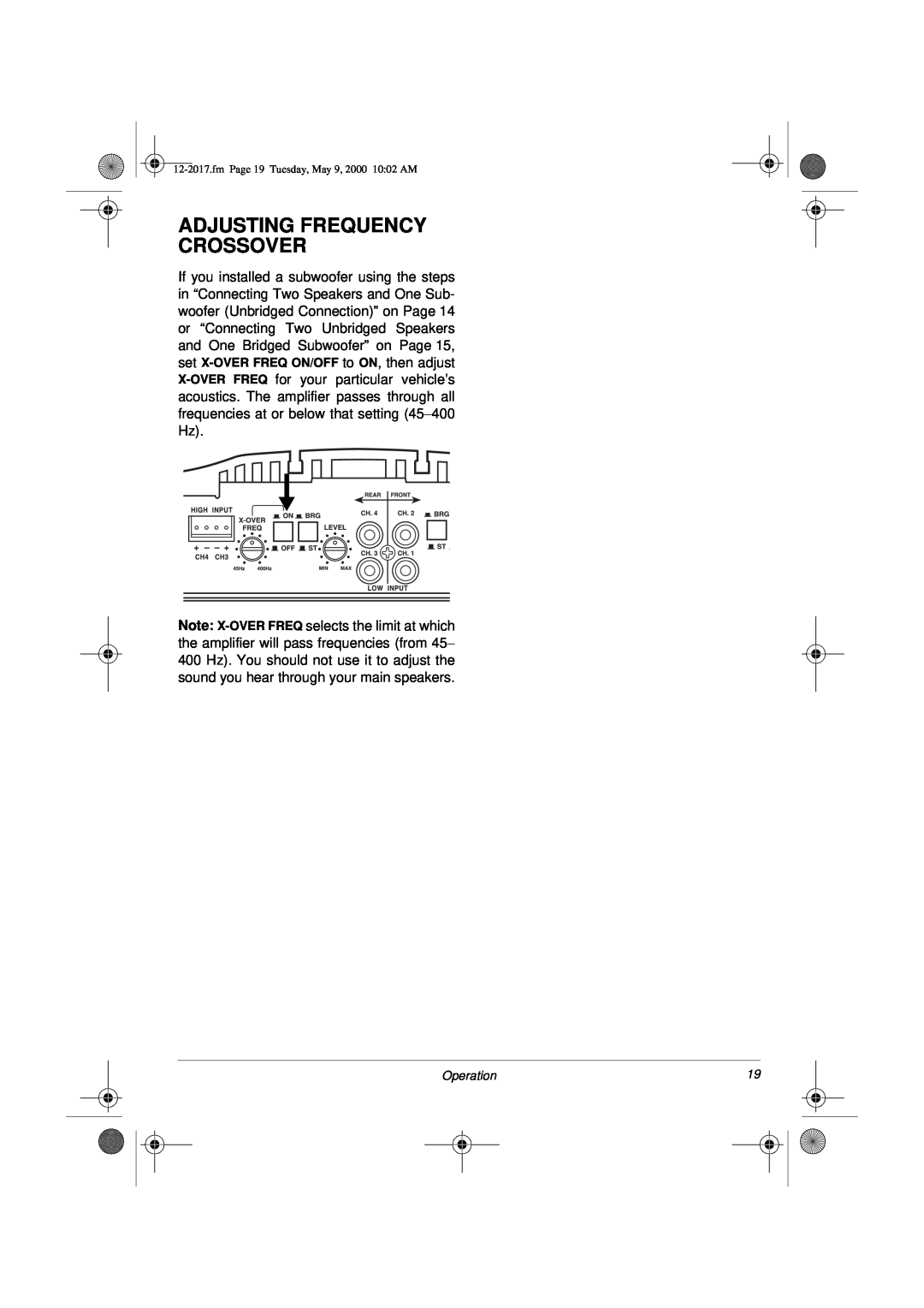 Radio Shack XL-260 owner manual Adjusting Frequency Crossover, Operation 