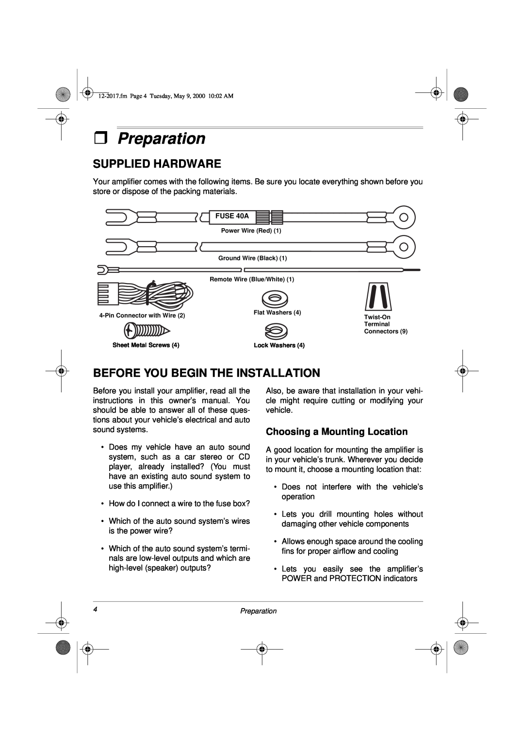 Radio Shack XL-260 ˆPreparation, Supplied Hardware, Before You Begin The Installation, Choosing a Mounting Location 