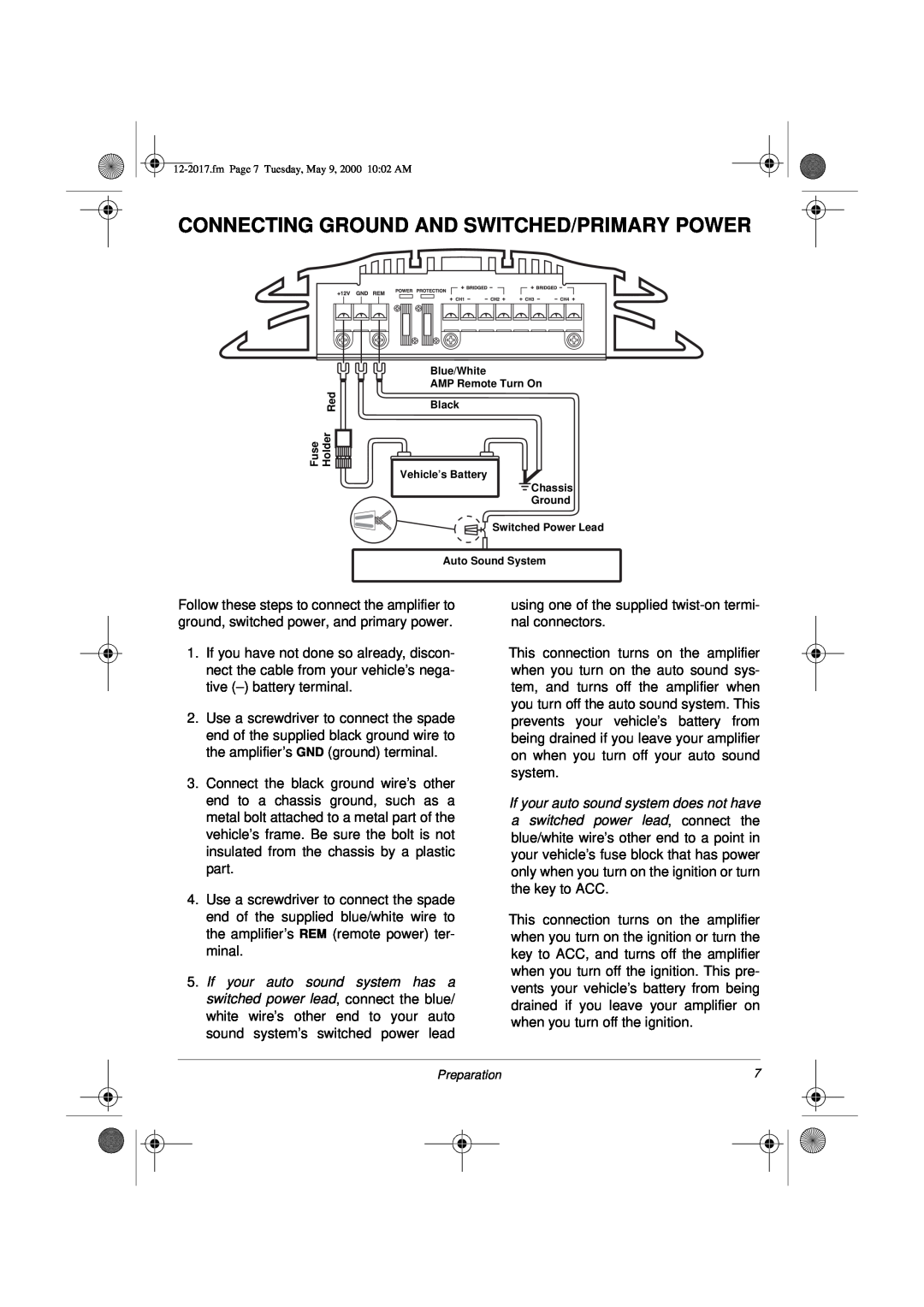 Radio Shack XL-260 owner manual Connecting Ground And Switched/Primary Power, Preparation 