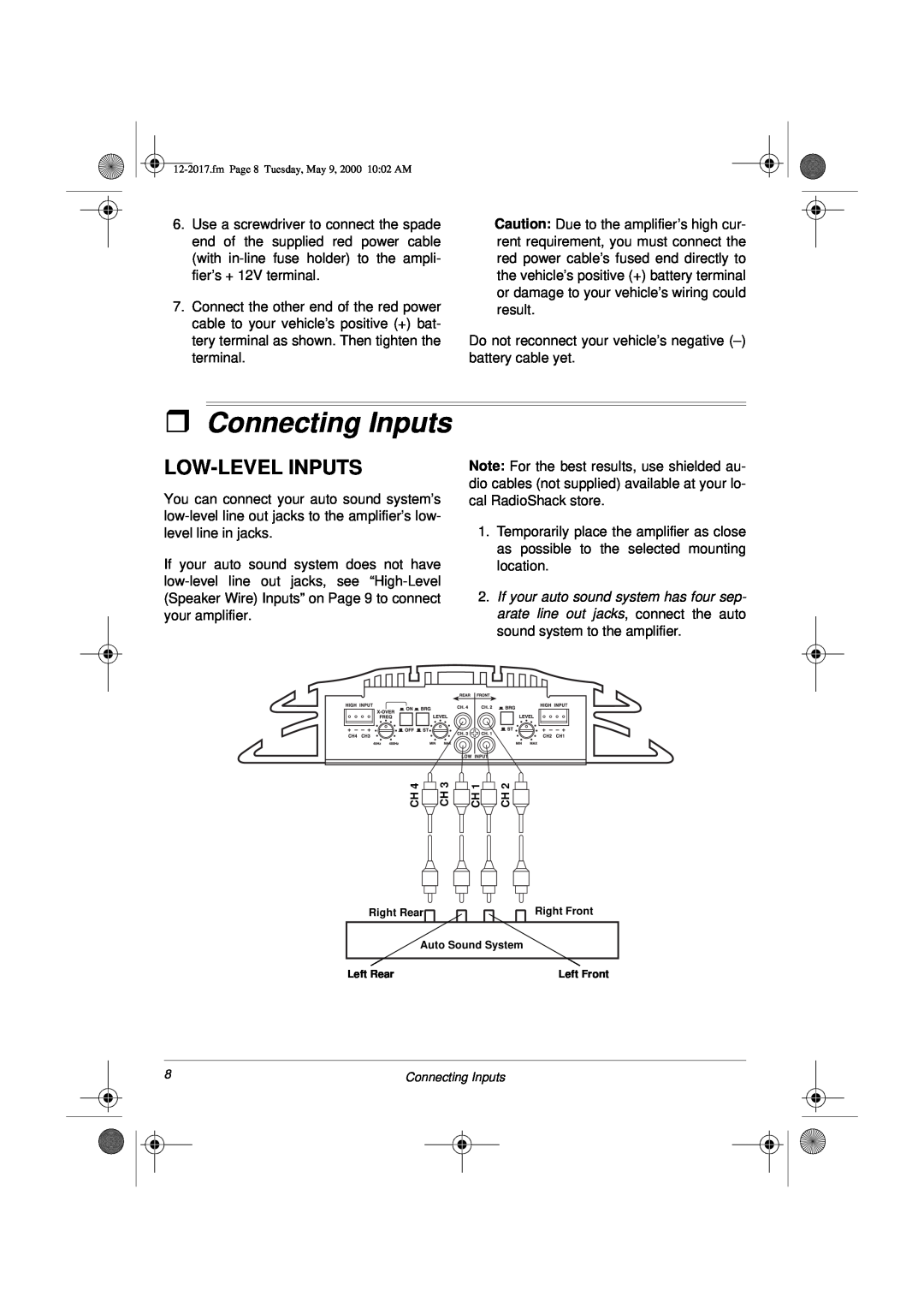 Radio Shack XL-260 owner manual ˆConnecting Inputs, Low-Levelinputs 