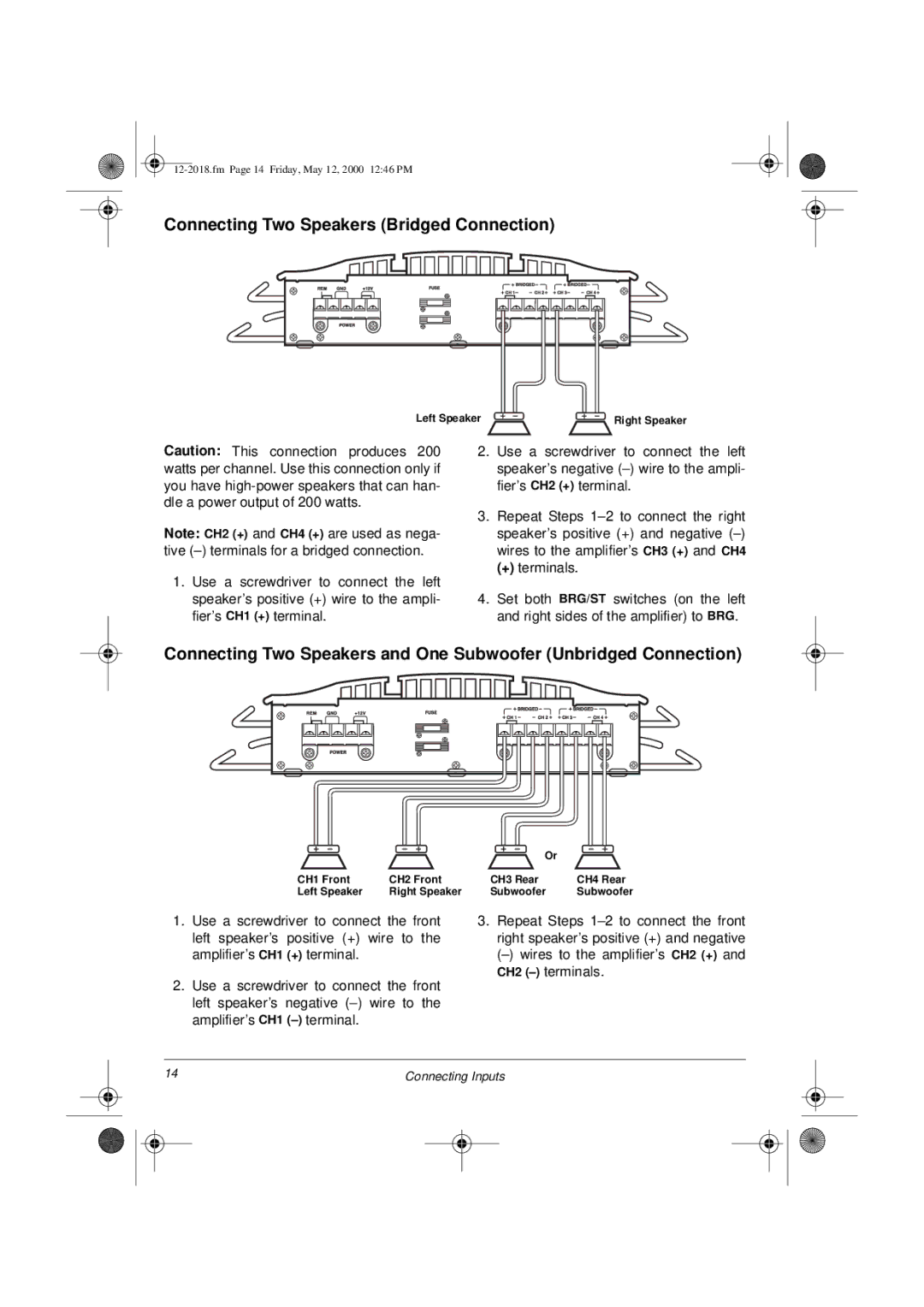 Radio Shack XL-400 owner manual Connecting Two Speakers Bridged Connection 