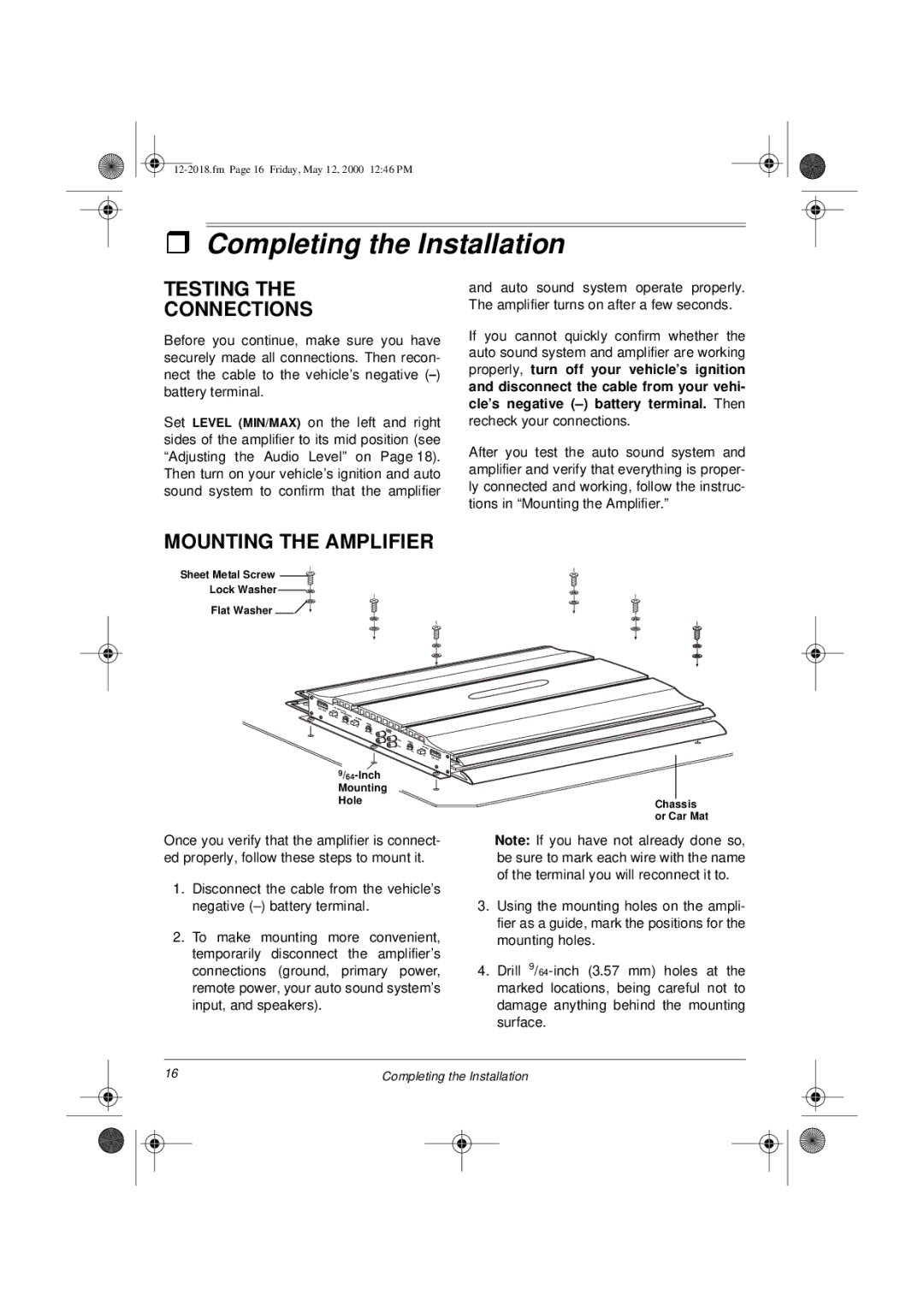 Radio Shack XL-400 owner manual Completing the Installation, Testing Connections, Mounting the Amplifier 