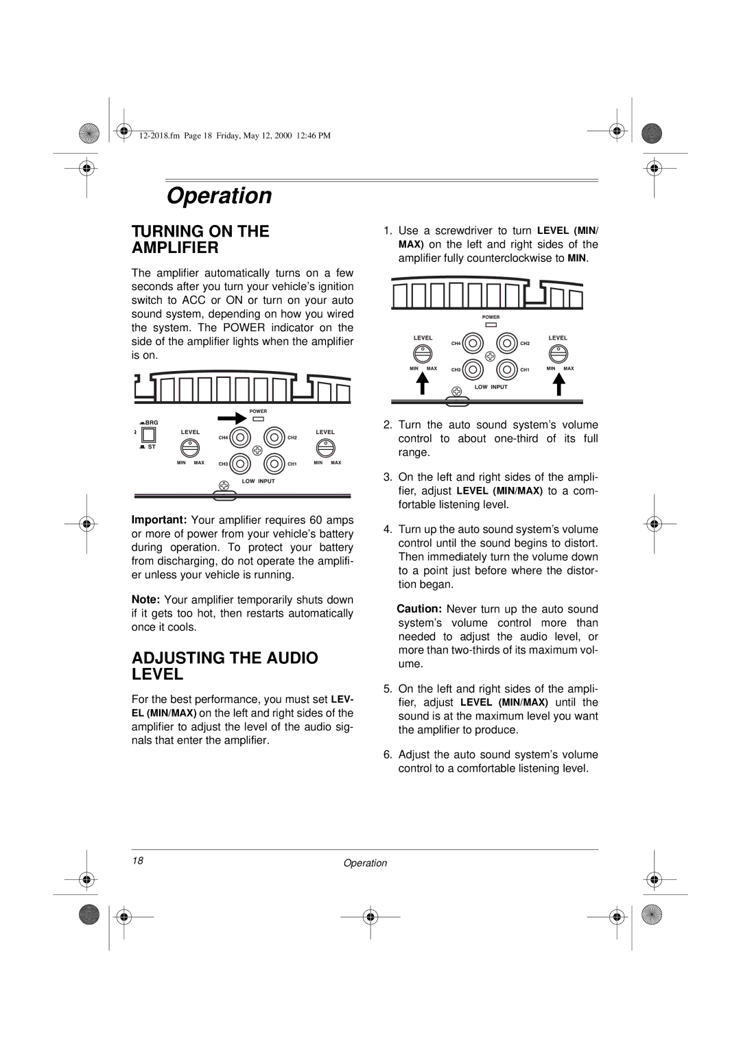 Radio Shack XL-400 owner manual Operation, Turning on Amplifier, Adjusting the Audio Level 